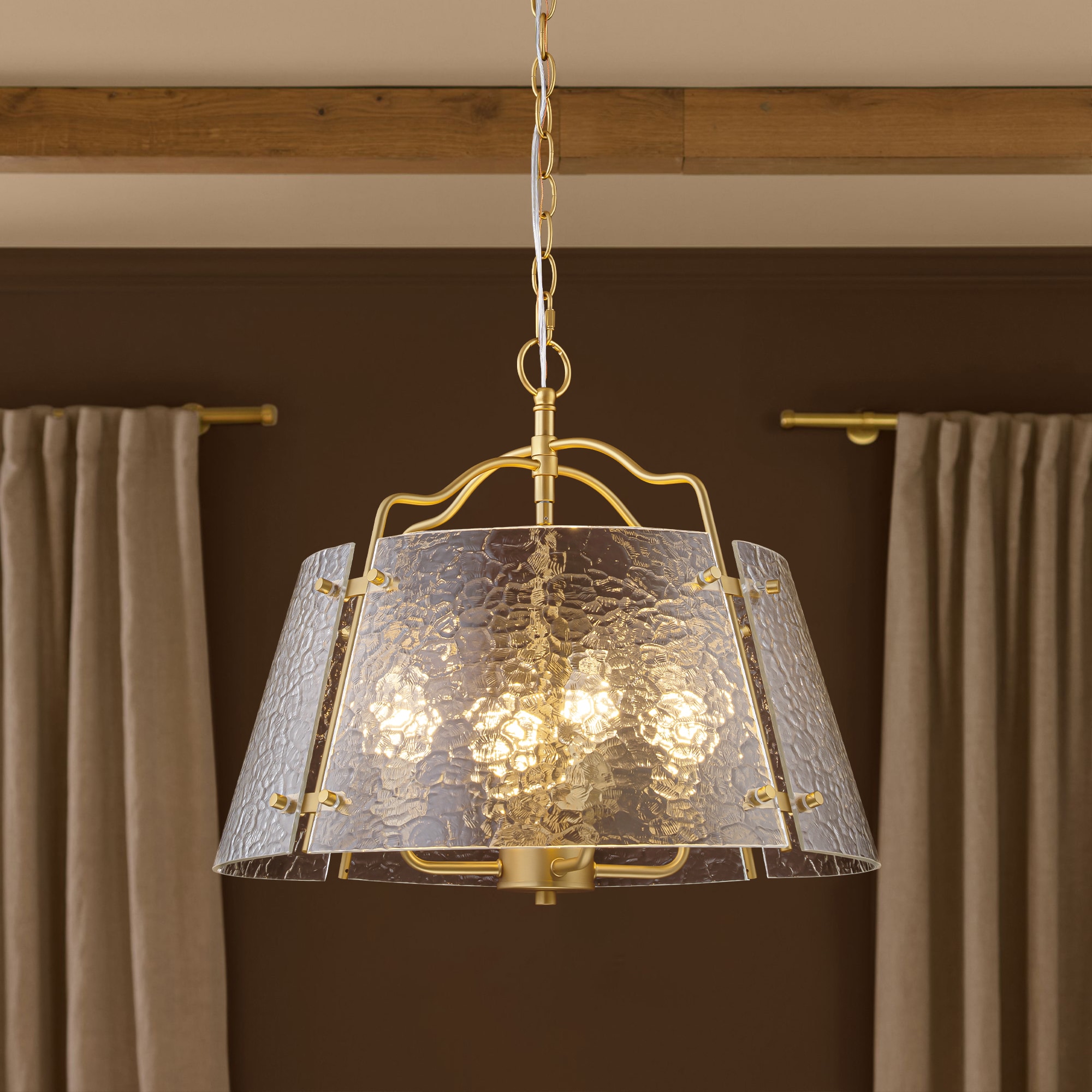 Rennnsan Virelia 4-Light Mid-Century Modern Brushed Gold Pendant Light with Textured Glass Cone Shade