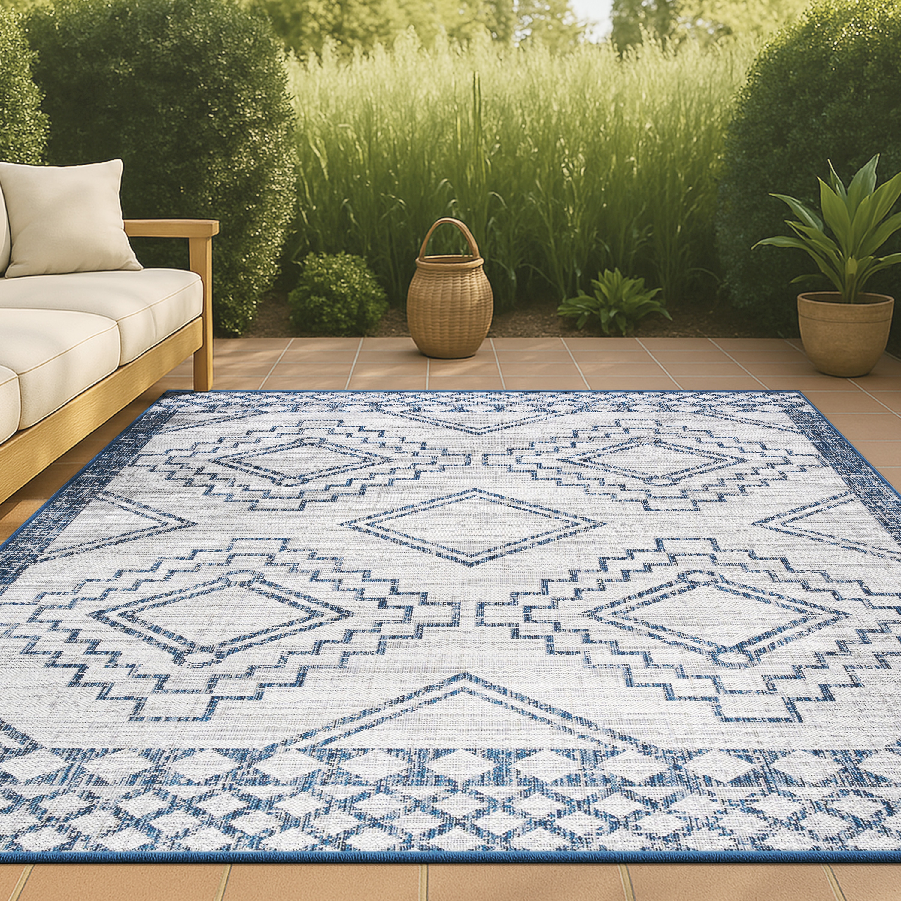 JONATHAN  Y SMB127C-8 Santa Monica Marokko Diamond Tribal 8 x 10 (ft) Loomed Polypropylene Ivory/Blue Rectangular Indoor/Outdoor Geometric Bohemian/Eclectic Area rug