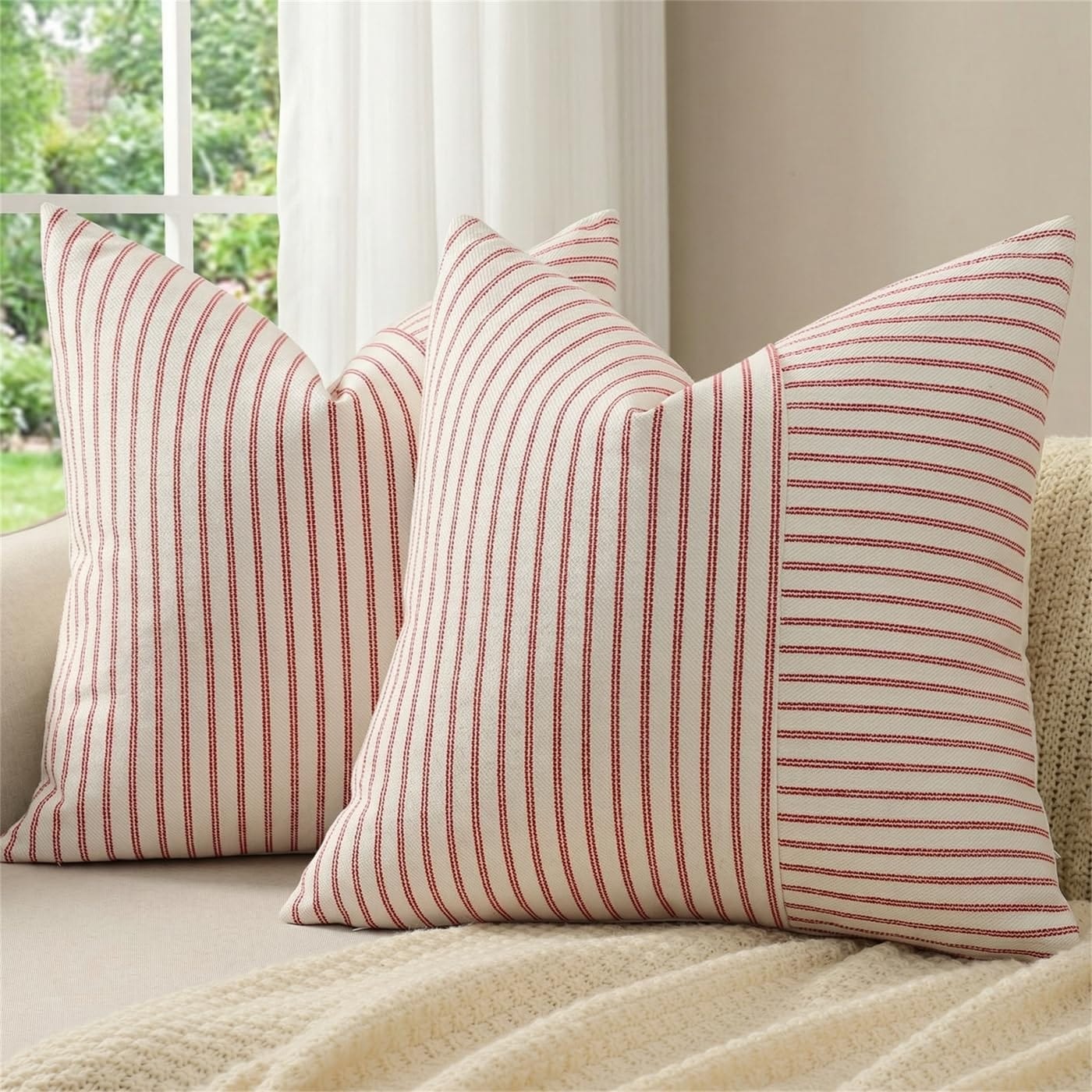 Justincity  Christmas Pillow Covers Set Linen Cotton 18x18 Red Cream Striped Decorative Cushion Covers for Couch Bedroom Farmhouse Home