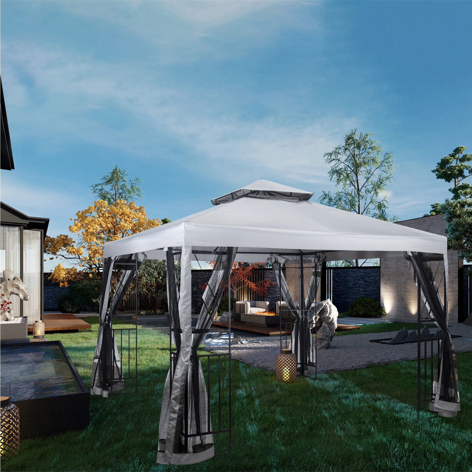 4x4.7m Metal Gazebo Canopy, Hexagon Shape Garden Net, Steel Frame, Grey -  The Woodley Outlet