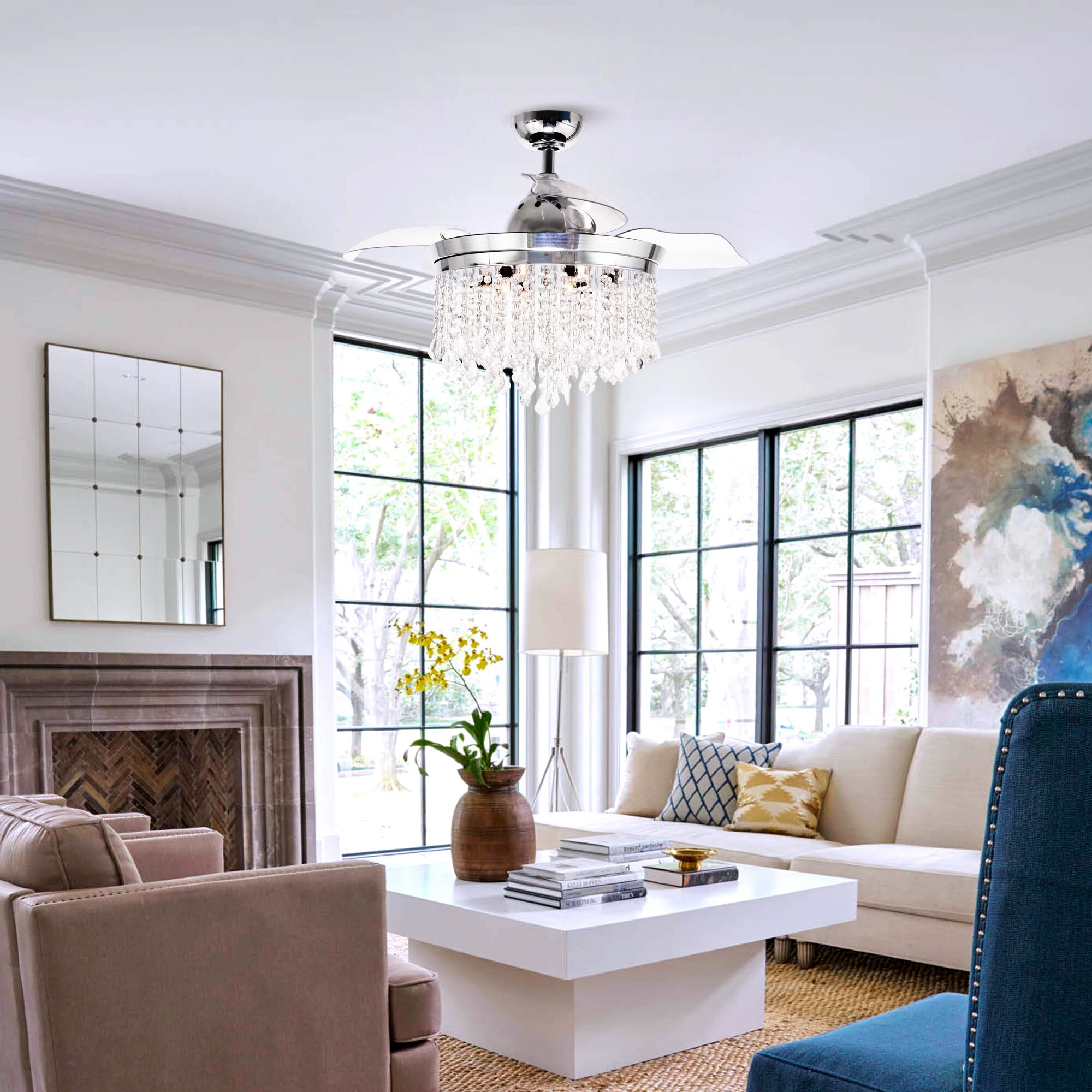 Mateo 42" Chrome Retractable Ceiling Fan Chandelier with Remote