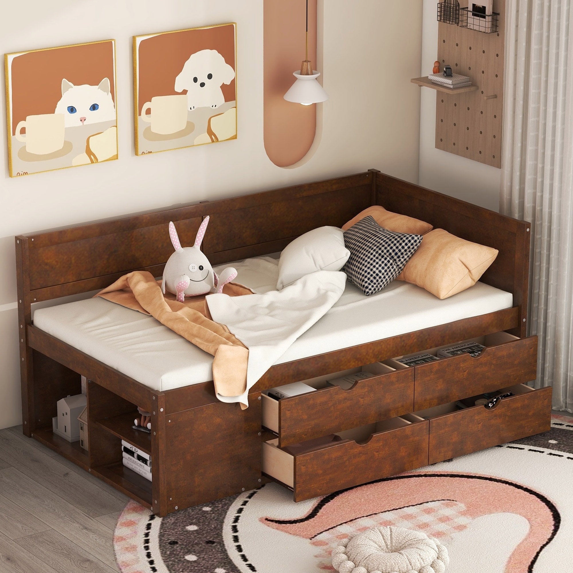 GDFStudio 343187 Twin Size Daybed with Pull-Out Drawers   Shelves
