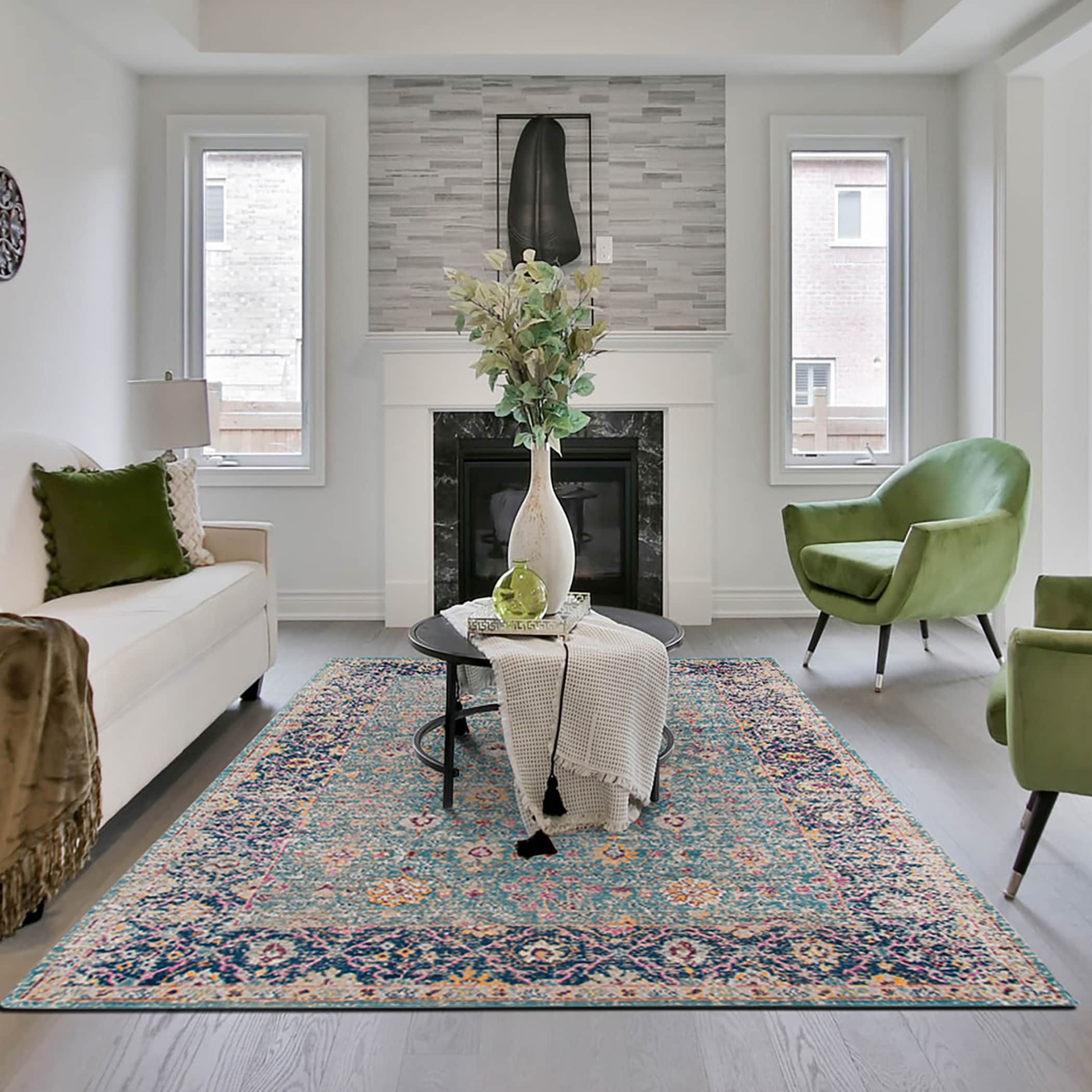 Amer Rugs ETE28311511 4 x 6 (ft) Polypropylene Turquoise/Blue Rectangular Indoor Floral/Botanical Farmhouse/Cottage Area rug