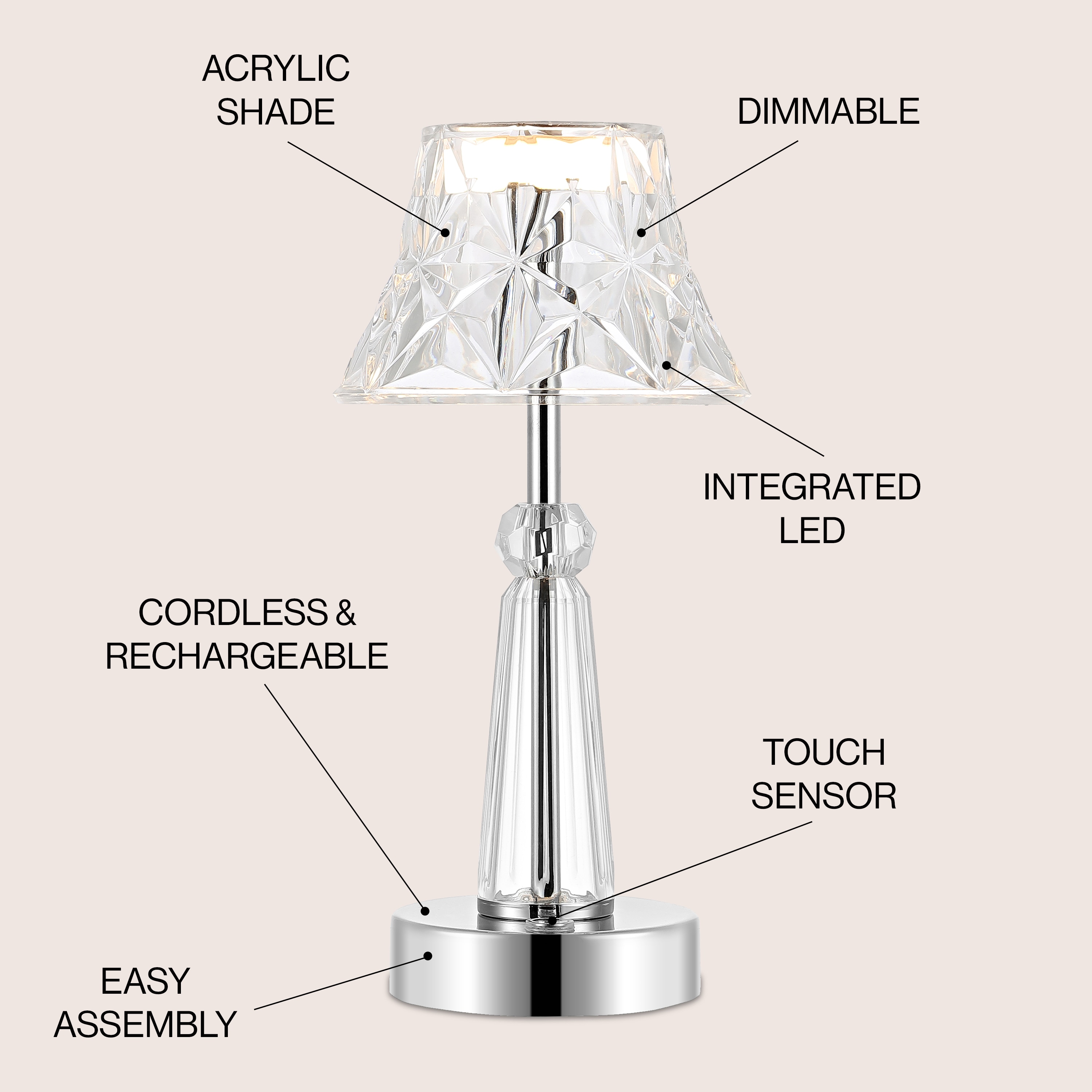 Madelyn Clear Acrylic Rechargeable LED Table Lamp with Faceted Shade