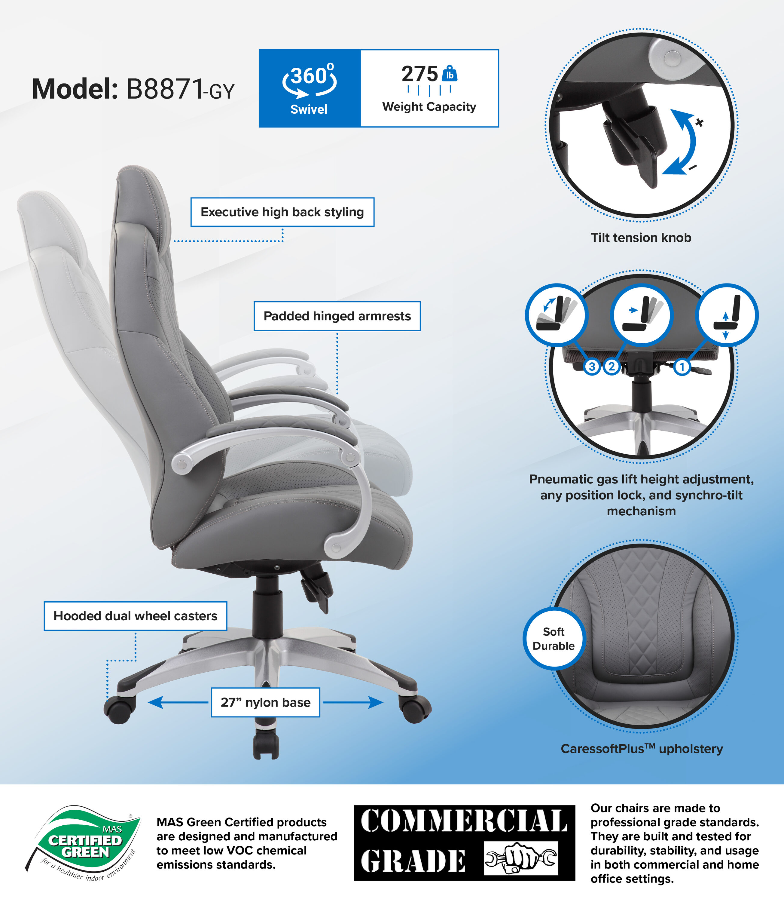 Executive Gray Leatherette High-Back Swivel Office Chair with Fixed Arms