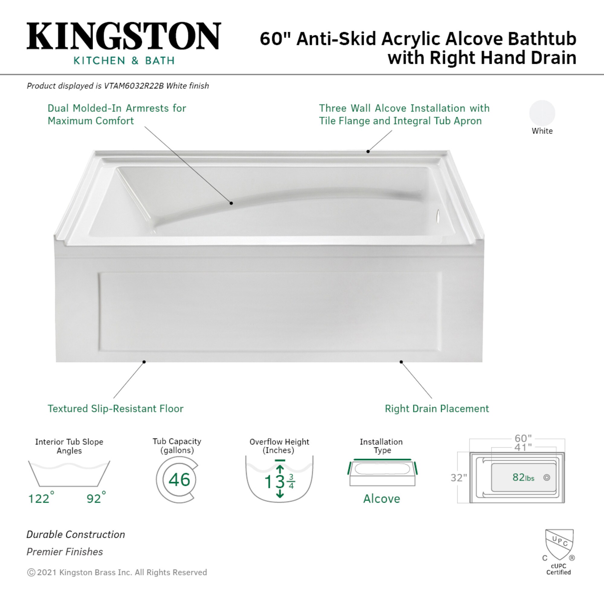 Kingston Brass WLVTAM6032R22B bathtubs - View #3