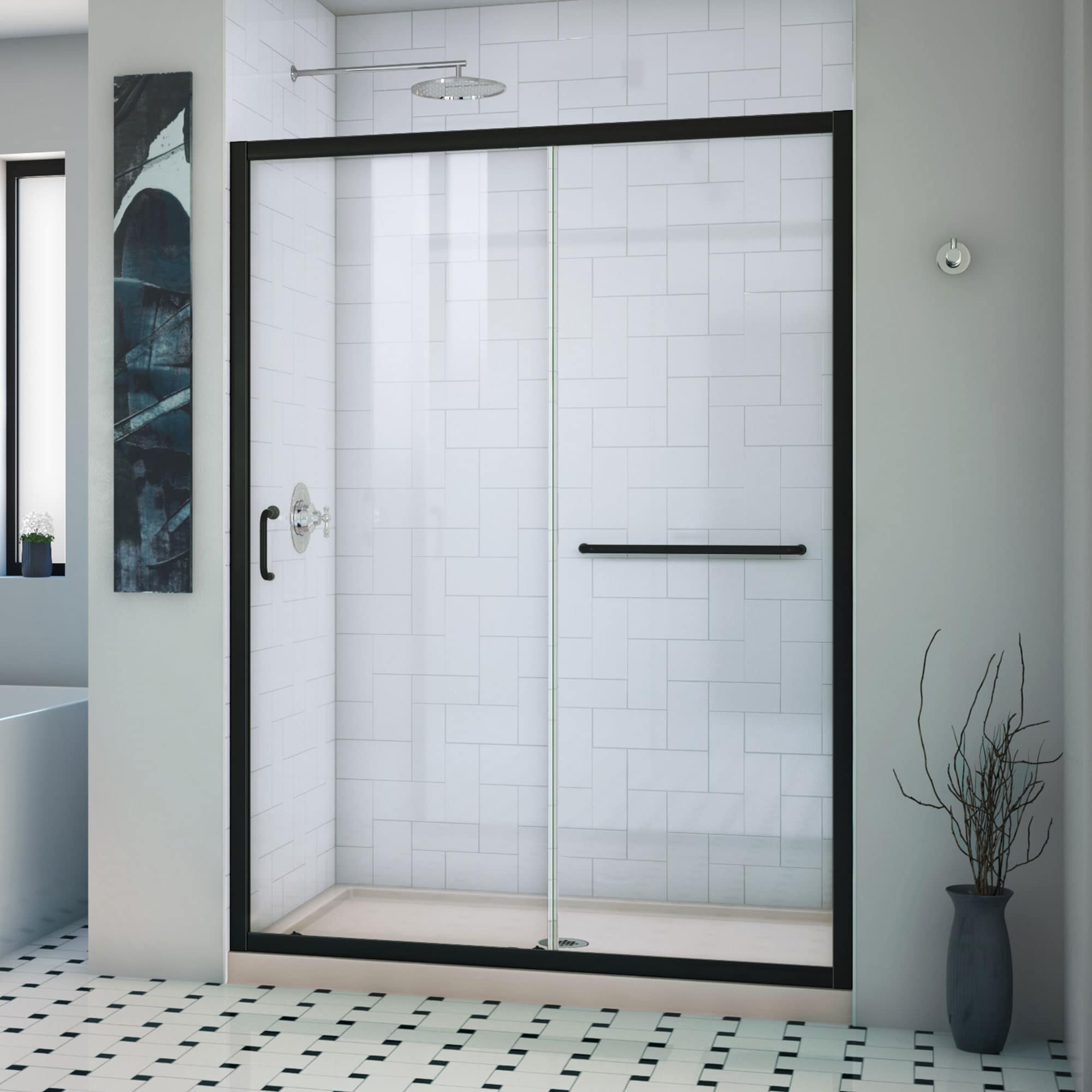DreamLine Infinity-Z Satin Black 2-Piece 32-in x 54-in x 75-in Rectangular Alcove Shower Kit (Center Drain) with Base and Door Included