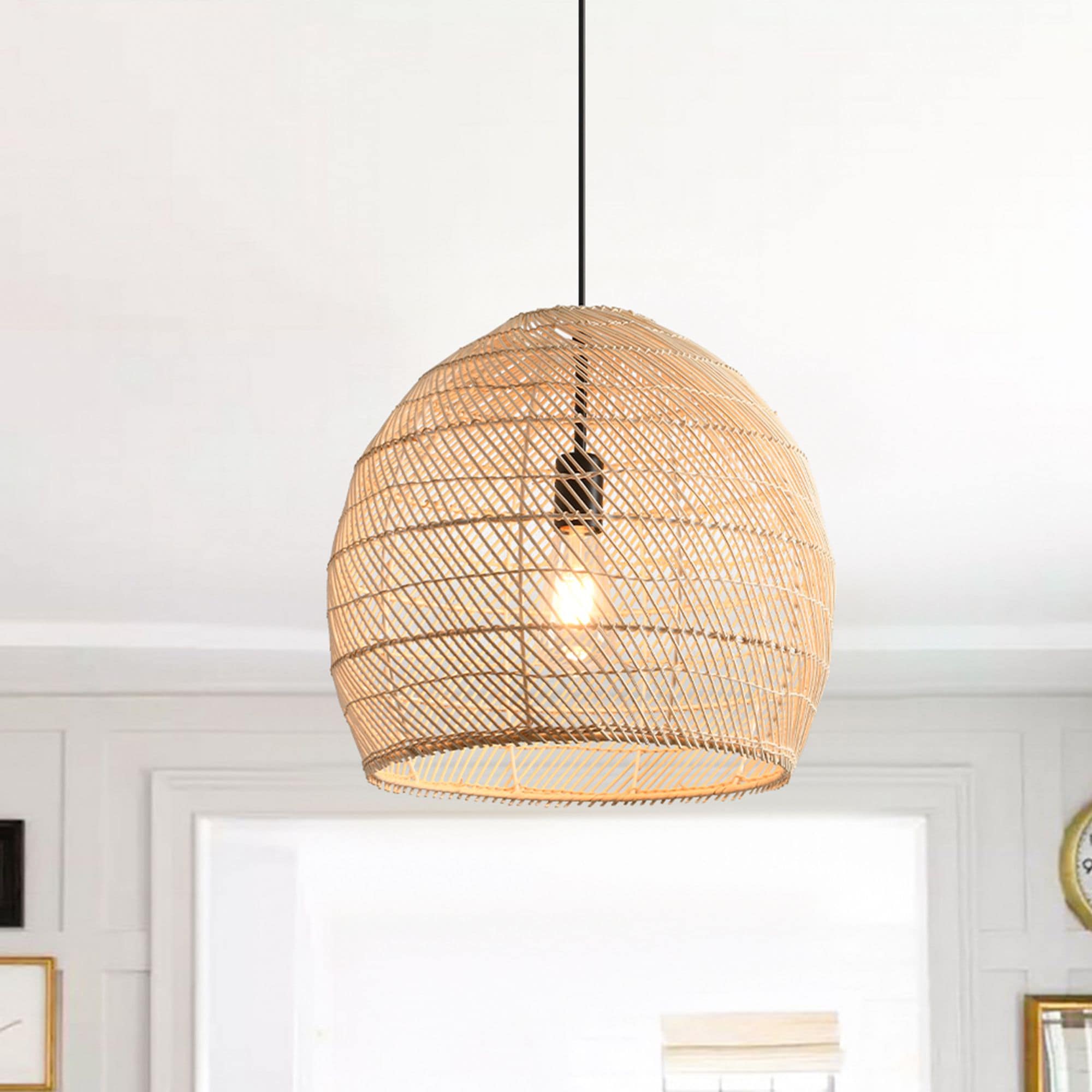 Parrot Uncle 1 -Light Black Farmhouse Rattan Bowl Medium Hanging Pendant Light