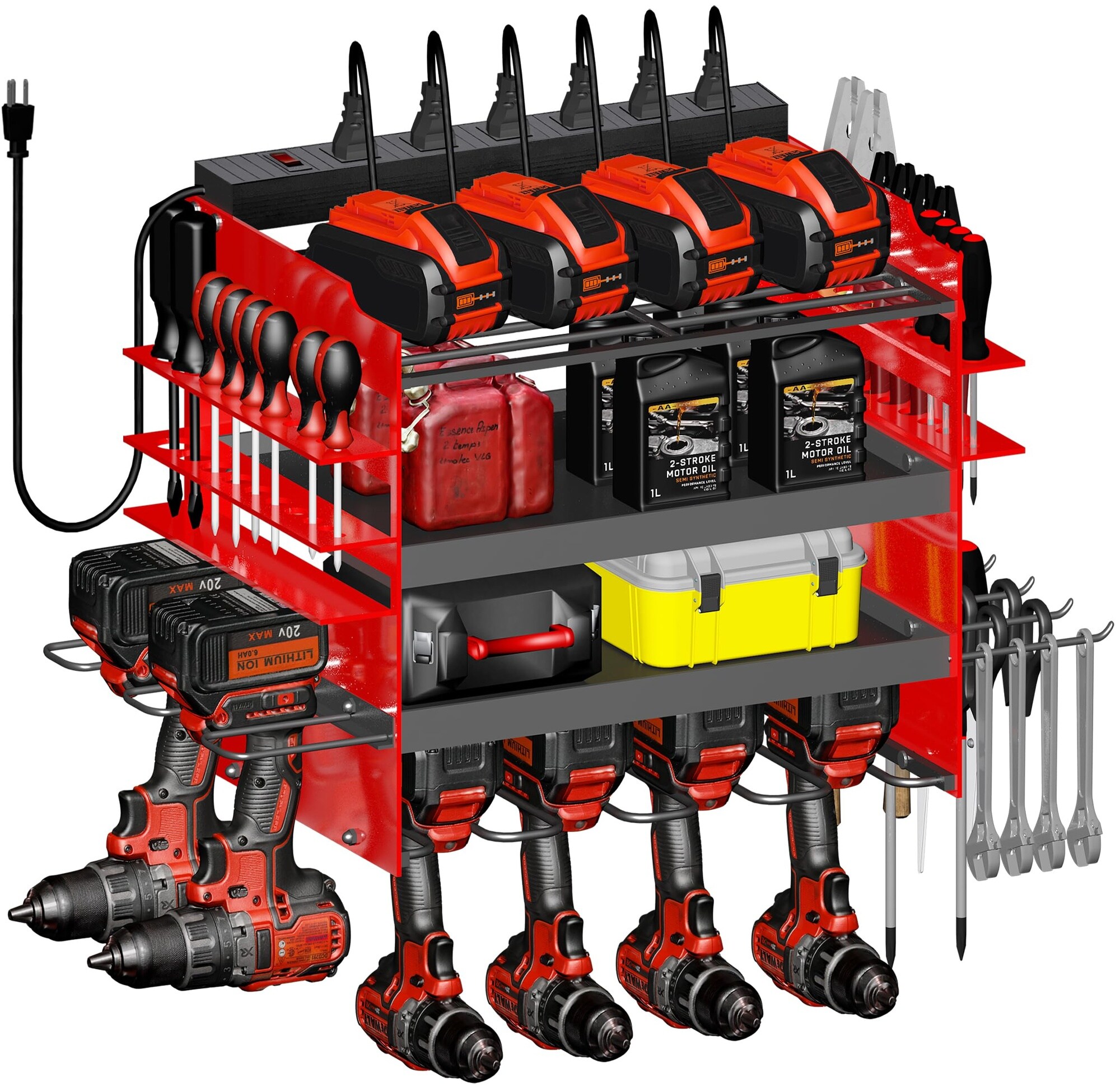 Ahfiwaso Wall Mount Power Tool Organizer with Charging Station 4 Layer Drill Holder Heavy Duty Metal Garage Storage Rack #LAH0811H041