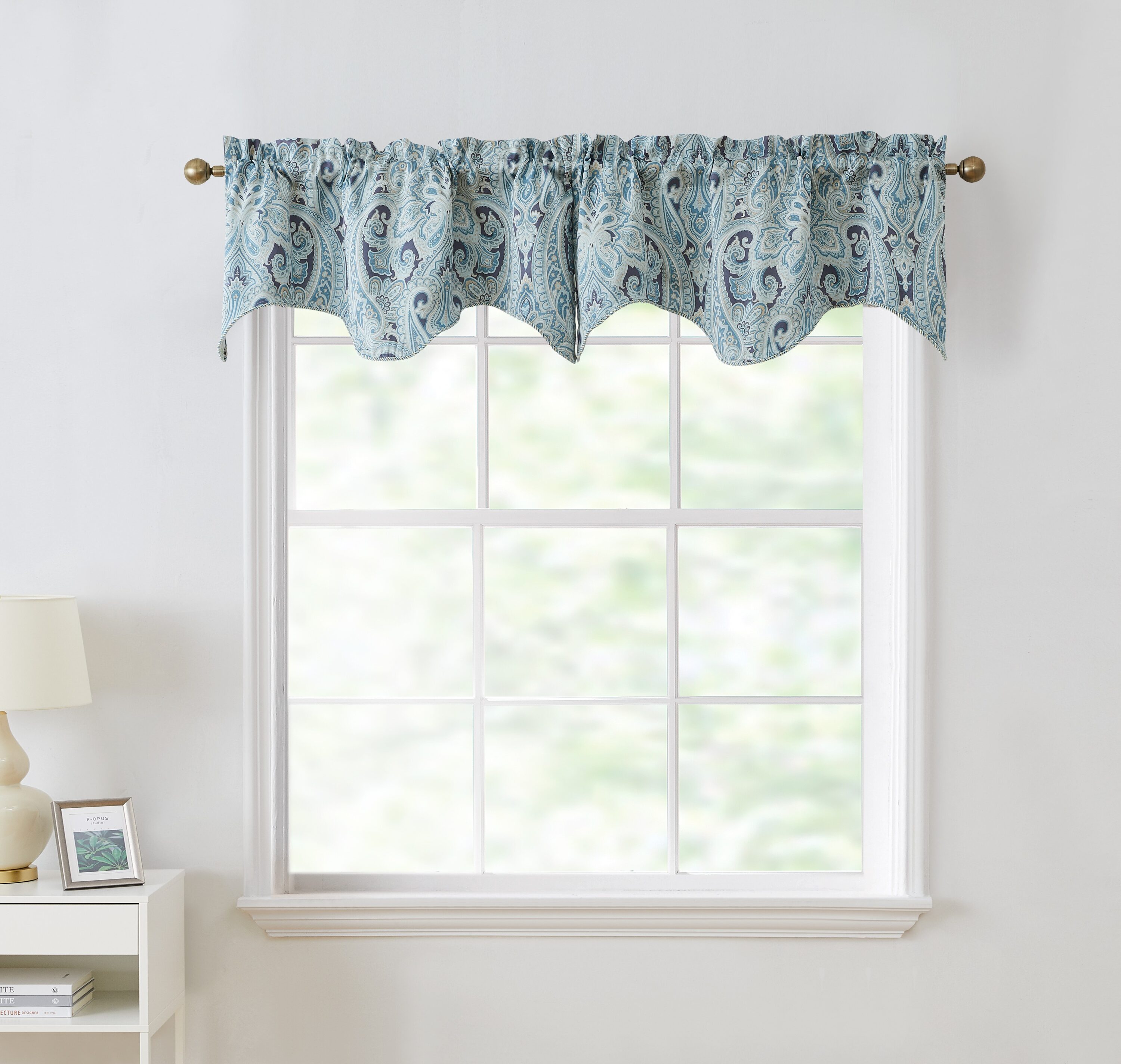 Blue Paisley Scalloped Rod Pocket Valance, 50" x 20"