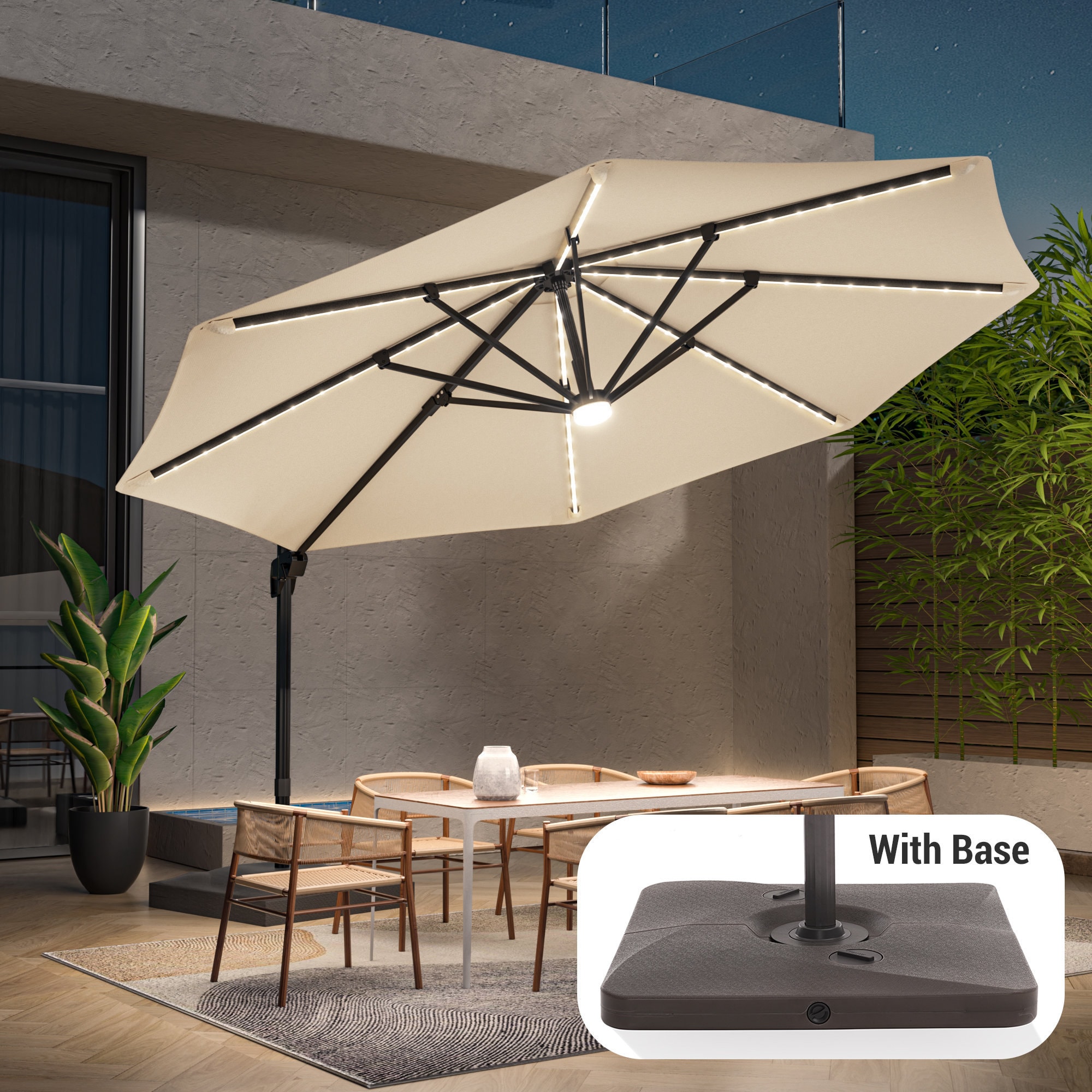 11-ft Aluminum Tan Slide-tilt Cantilever Patio Umbrella with Lights with Base
