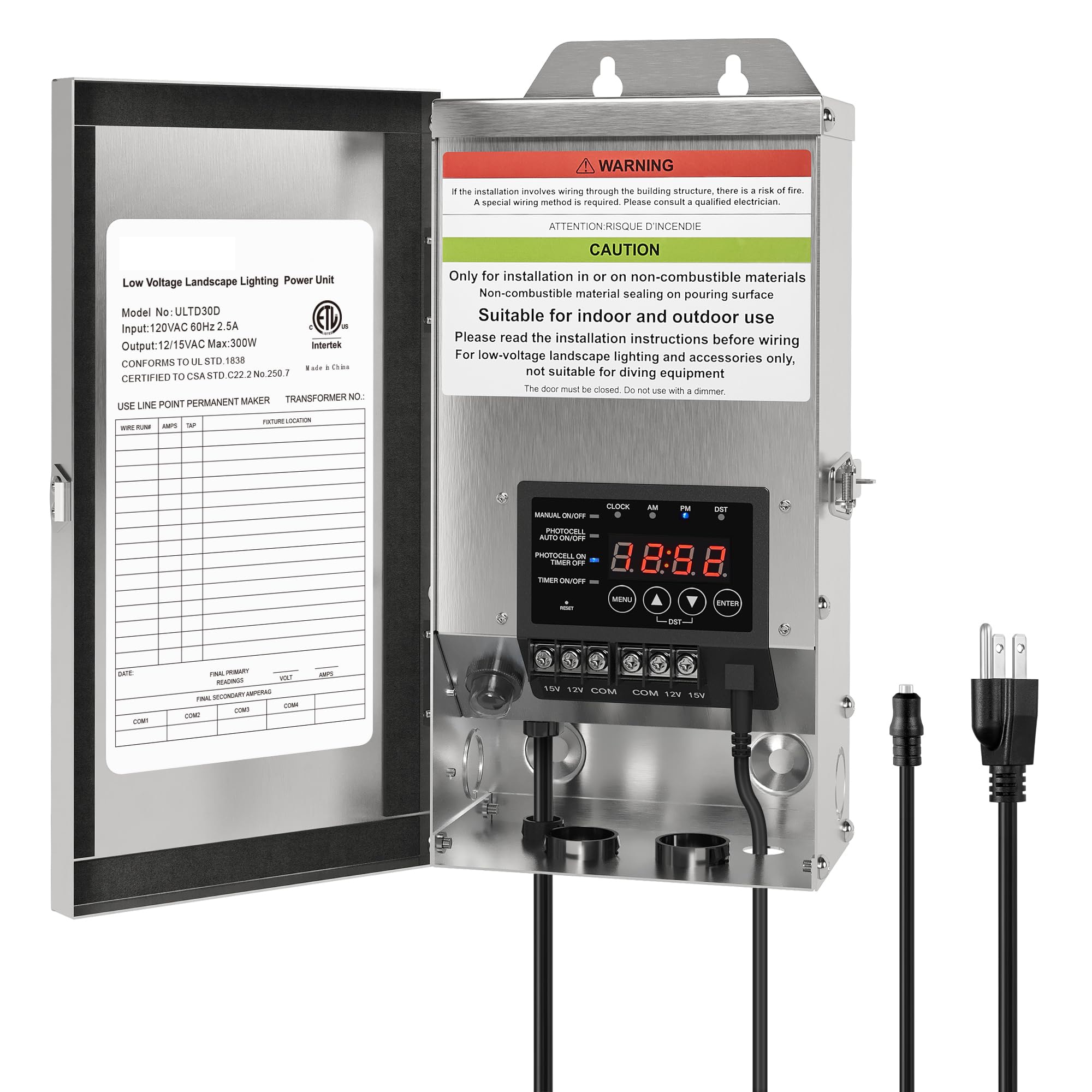 Etokfoks  120V to 12V 15V Power w Outdoor Low Voltage Landscape Lighting Transformer Photocell Sensor Timer Stainless Steel