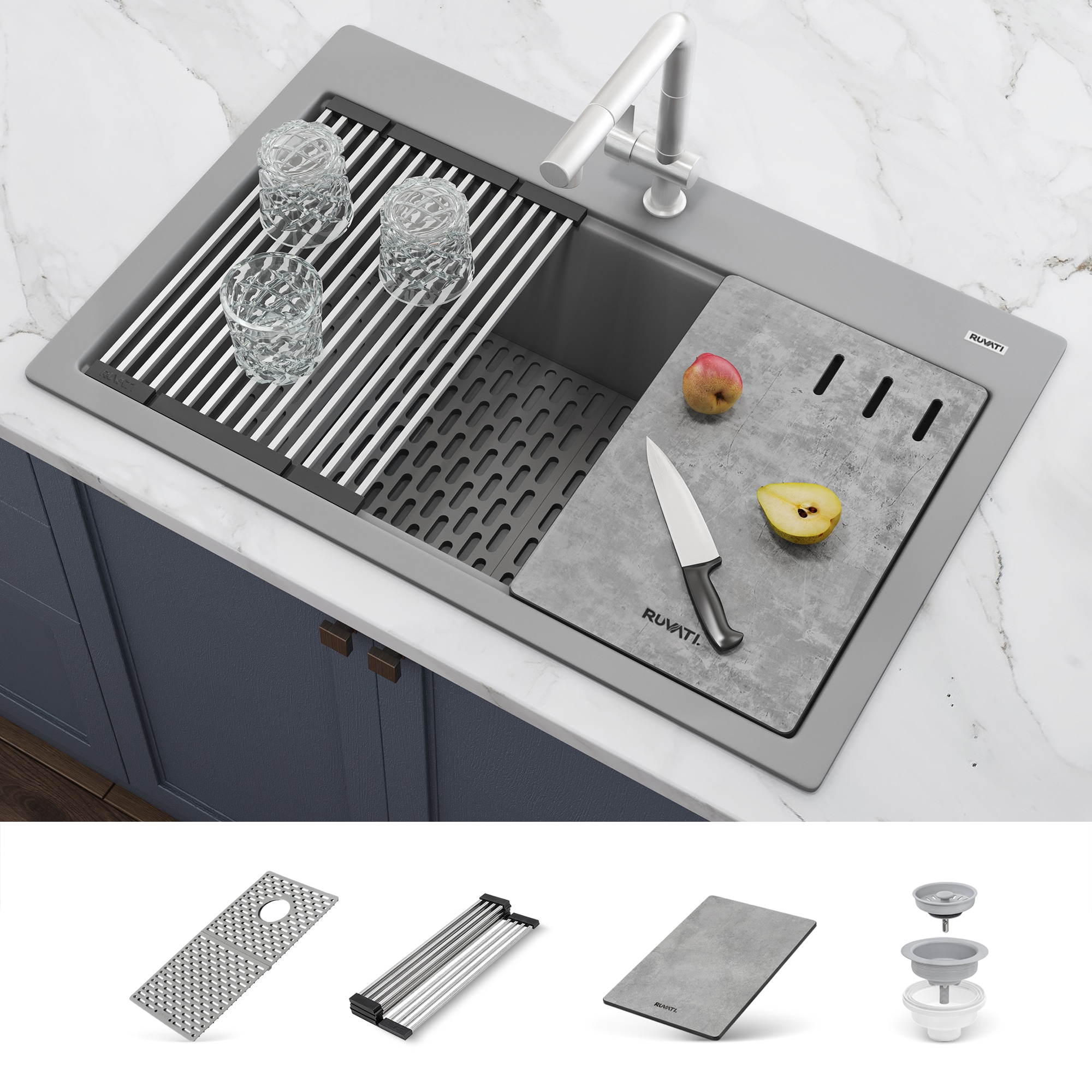 Ruvati RVG1302GR epiStage Drop-in 33-in x 22-in Granite Single bowl 1-Hole Workstation Kitchen Sink