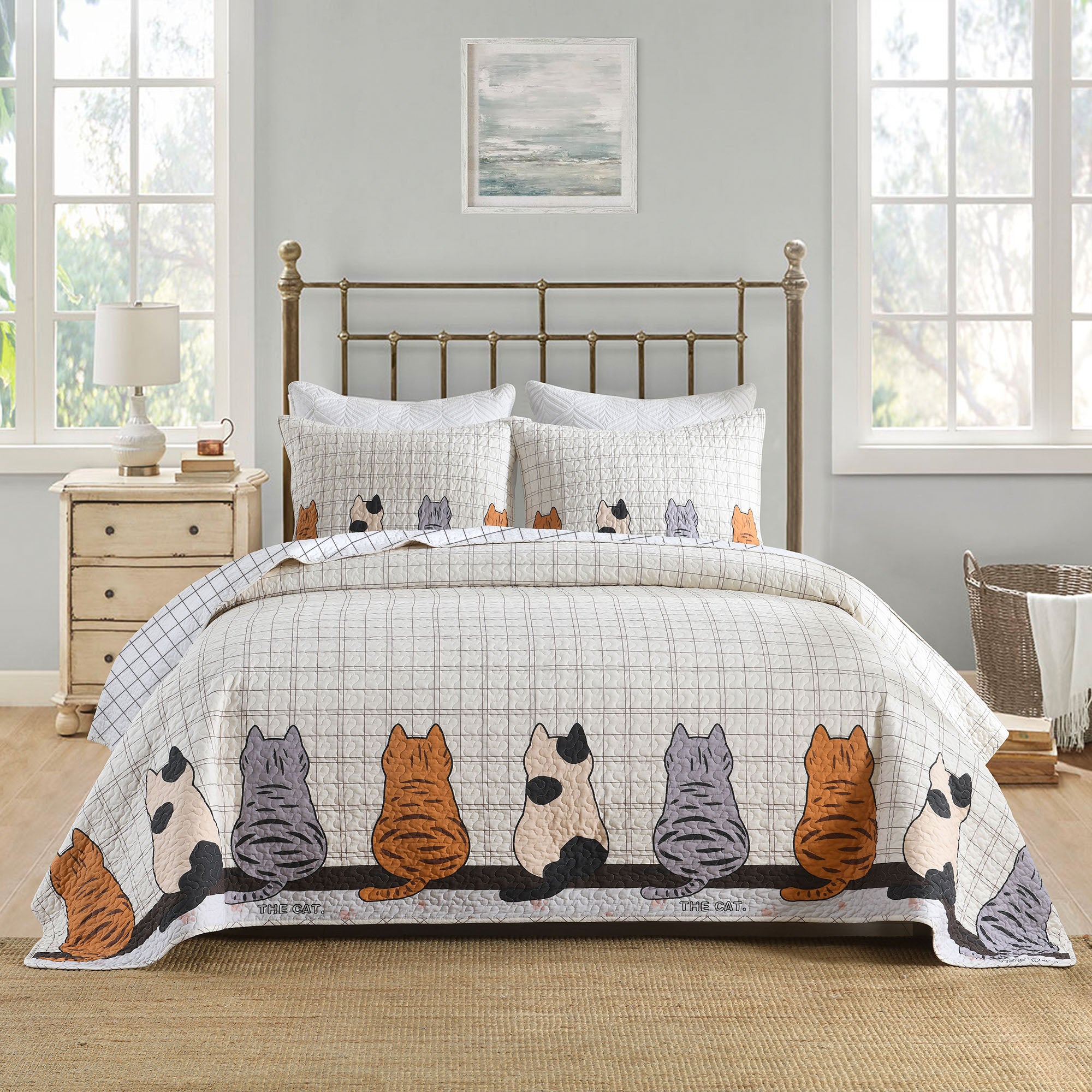 MarCielo BY211 K 3-Pieces Cat Silhouette Checkered King Size Quilt Bedspread Set