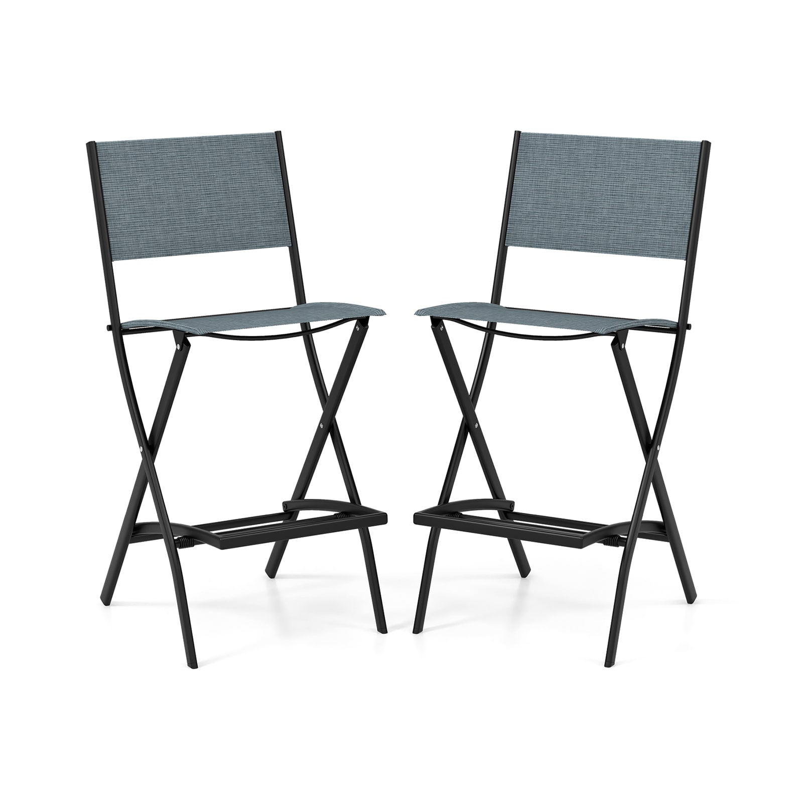 Slickblue D-CO-2-LB14311PN Set of 2/4- Blue/ Coffee 28 inch Folding Bar Stools with Fabric Seat Metal Frame Anti-Slip Foot Pads Backrest and Footrest for Patio Garden Poolside Indoor