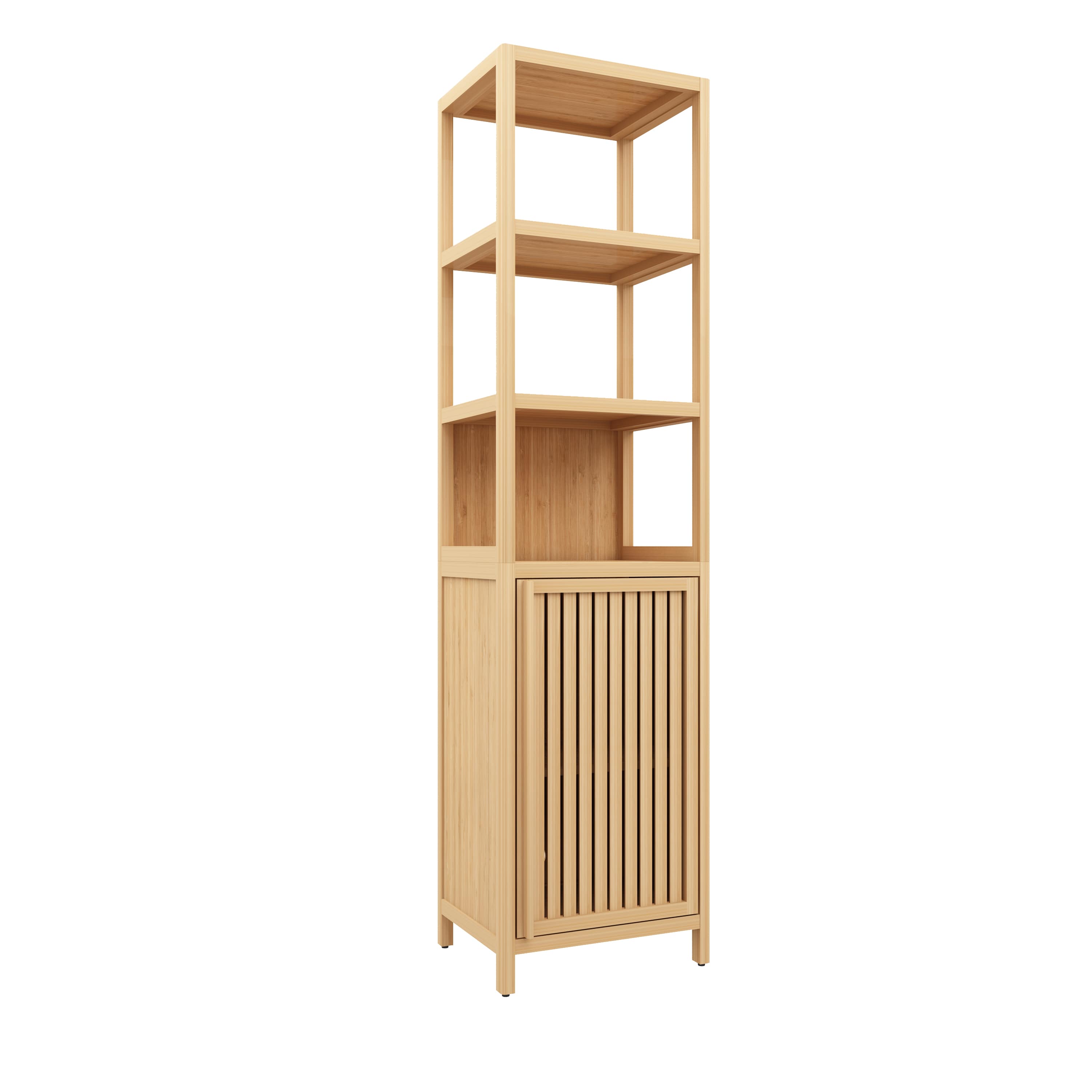 Vynxaria LEXY1799-DJYS-GZ001 Slim Linen Cabinet 13in D x 13in W x 65in H Natural Bamboo Freestanding with 3 Tier Shelves Shutter Door in Natural Wood Finish
