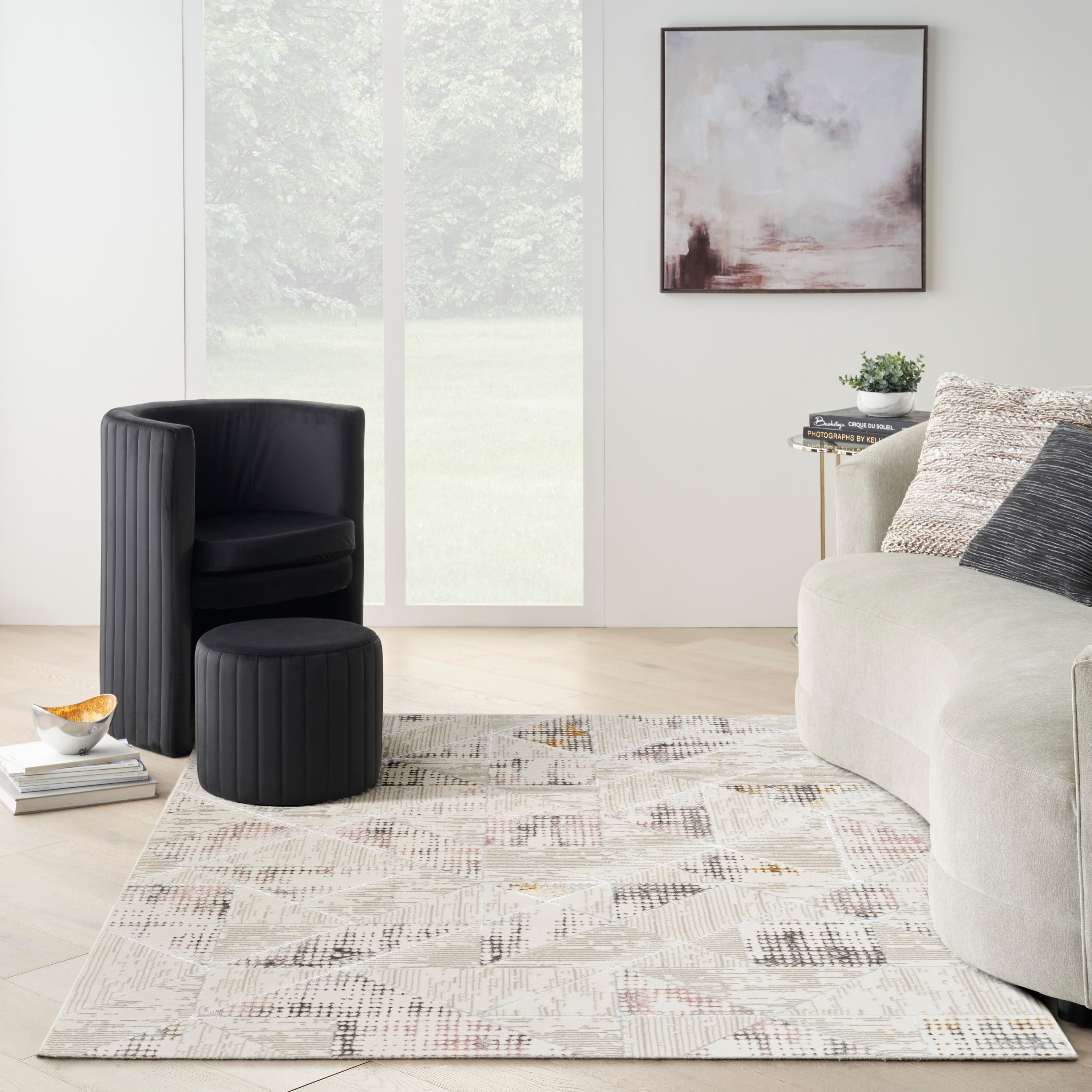 Nourison 099446895691 Glam 5 x 7 (ft) Loomed Polyester Ivory/Multi Rectangular Indoor Abstract Mid-Century Modern Area rug