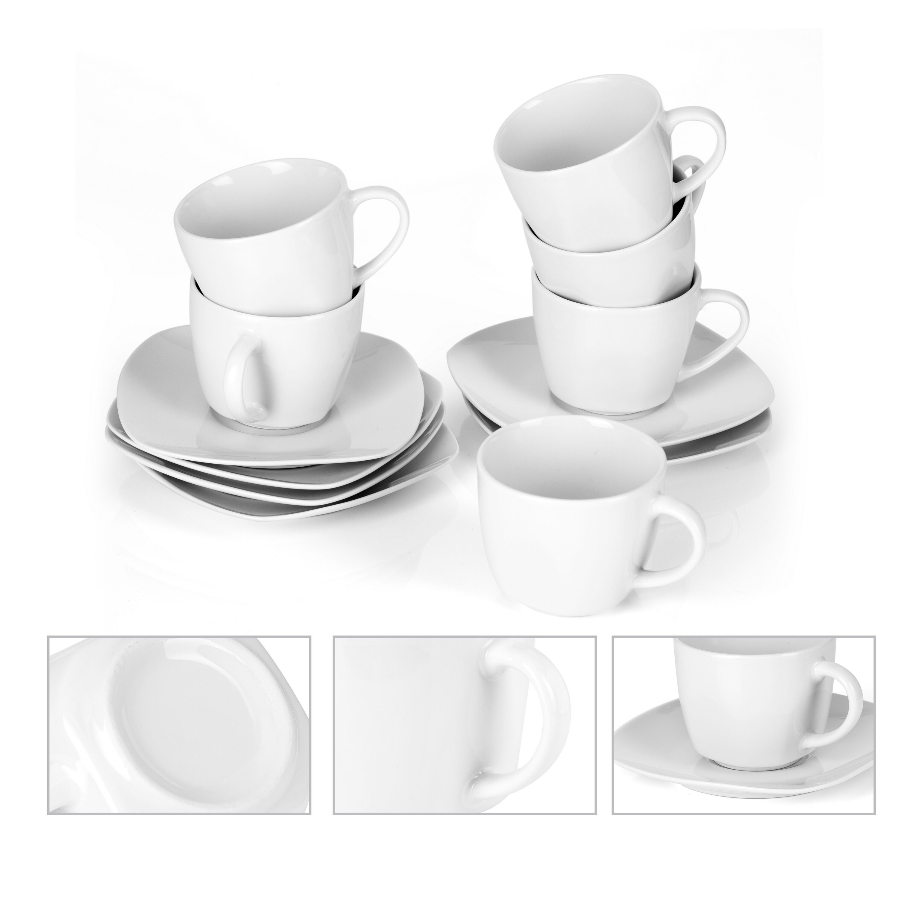 MALACASA 7-fl oz Ceramic Ivory White Cup and Saucer Set of: 6 in