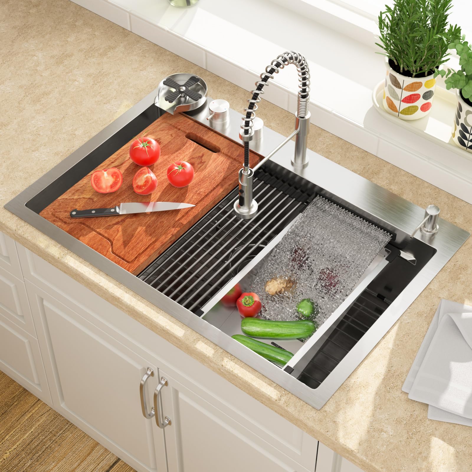 AKSCYZM  Drop In Kitchen Sink with Faucet 33x22 Inch Waterfall Stainless Steel 16 Gauge Single Bowl Workstation Topmount Kitchen Sink with