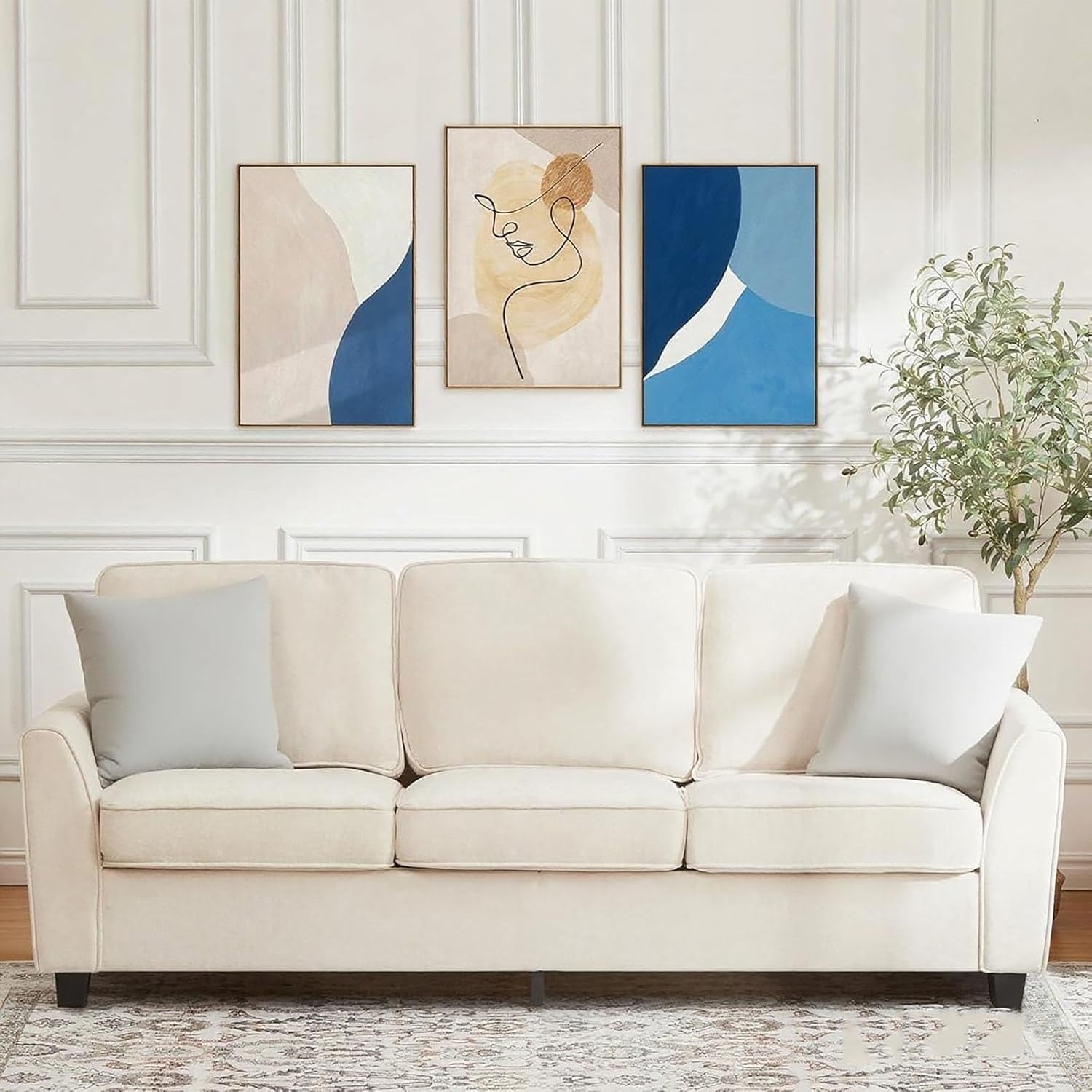 Qeetex LXL-PHO-343H3BEG 83 Inch Modern 3 Seater Sofa Deep Seat with Washable Detatchable Covers Comfy Chenille Oversized Cloud for Living Room Apartment Beige