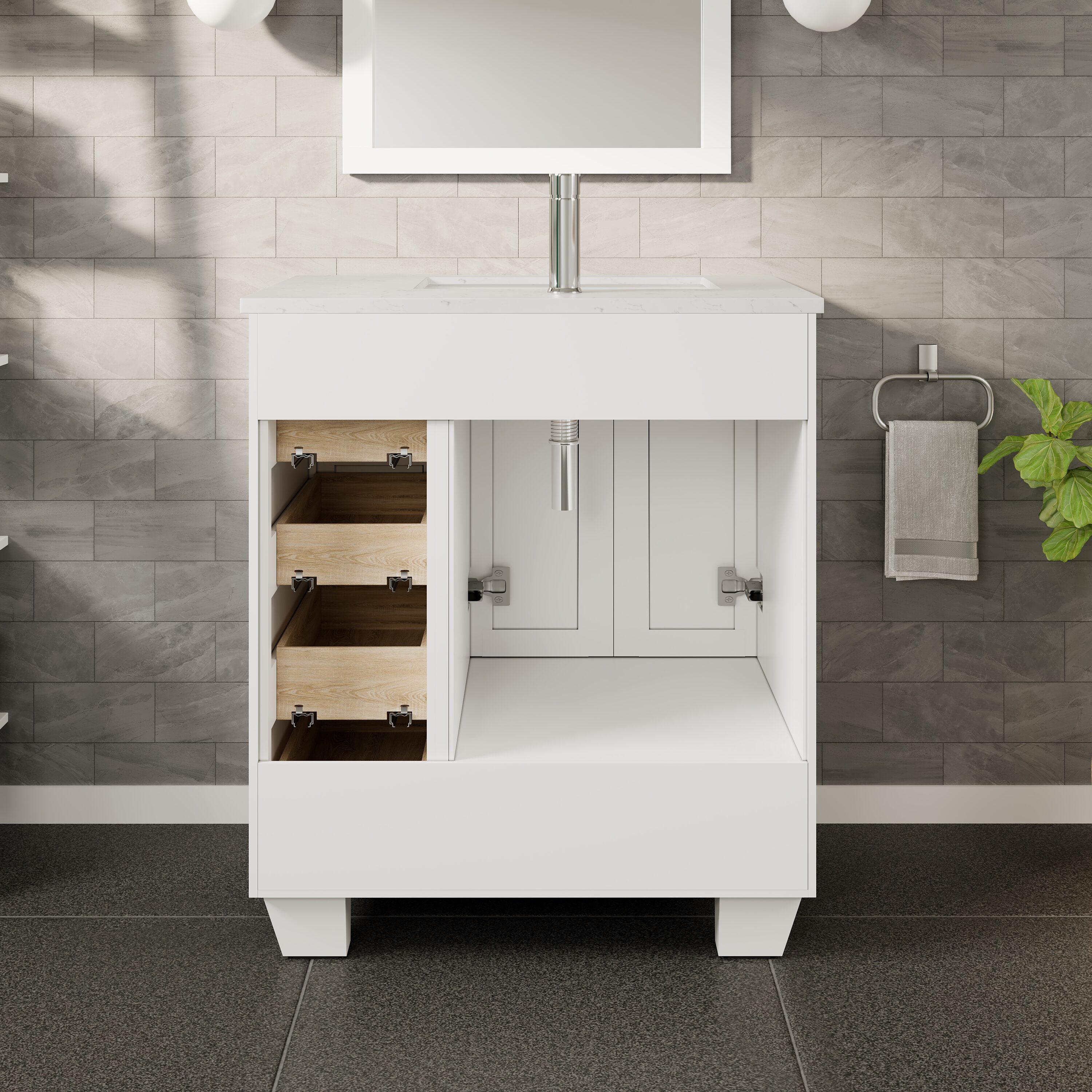 White Solid Wood 28 Inch Freestanding Bathroom Vanity with Porcelain Sink