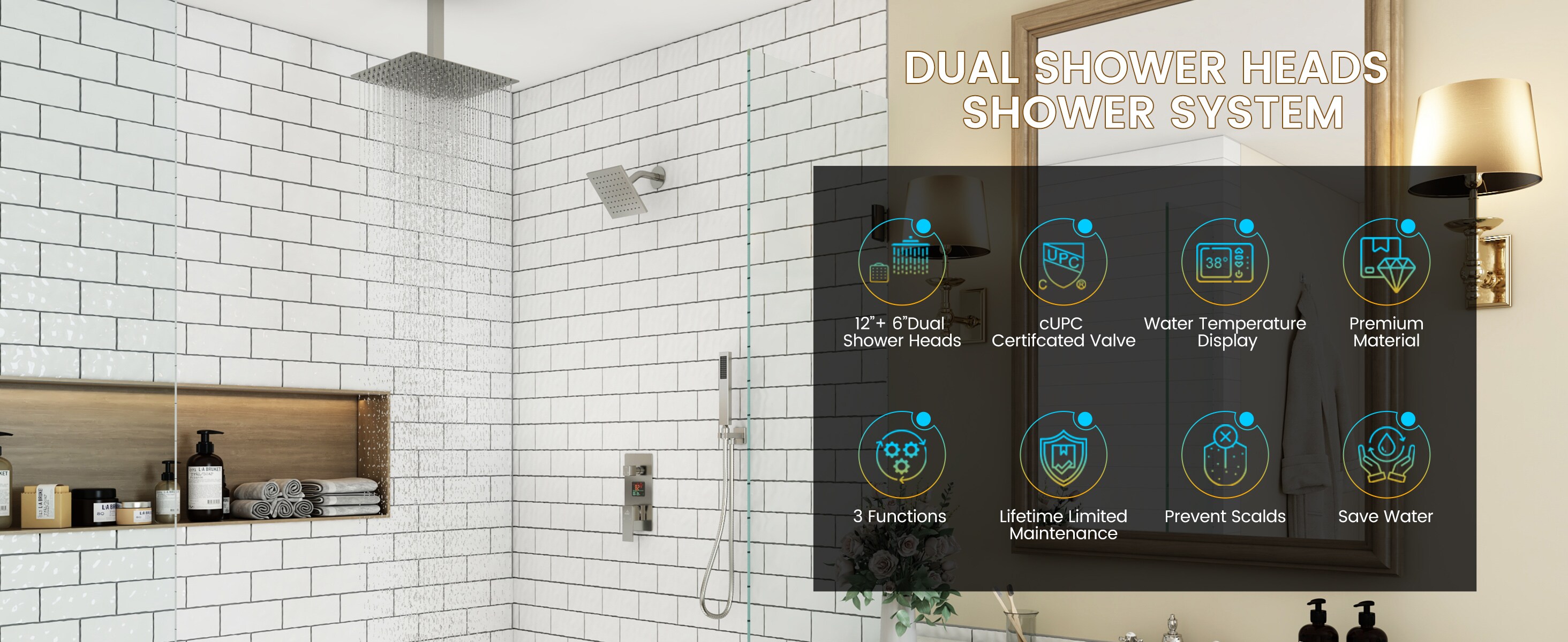 Brushed Nickel Rainfall Dual Shower Head System with Digital Display