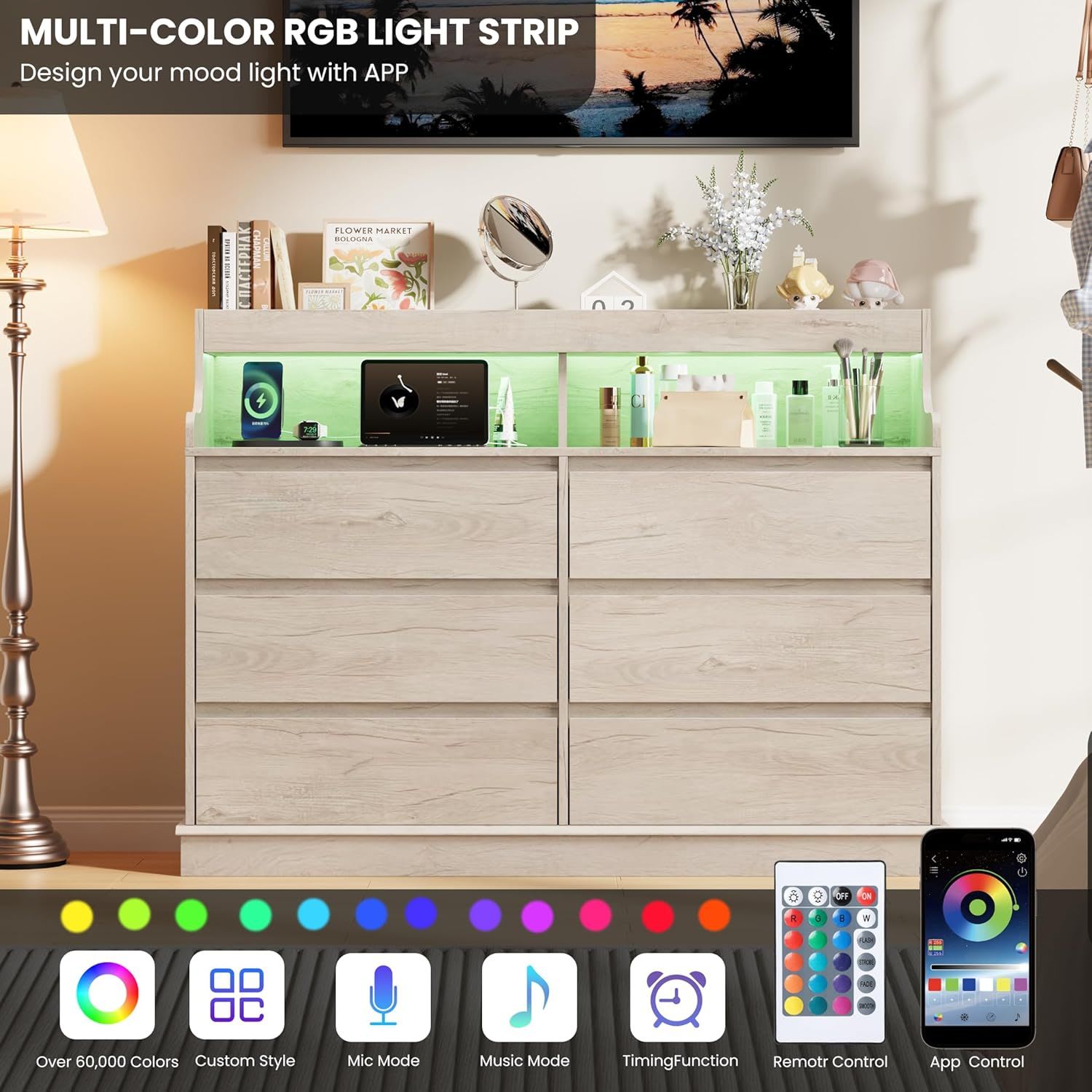 Garvee Modern 6 Drawer Dresser for Bedroom Wide Wooden Chest of Drawers ...