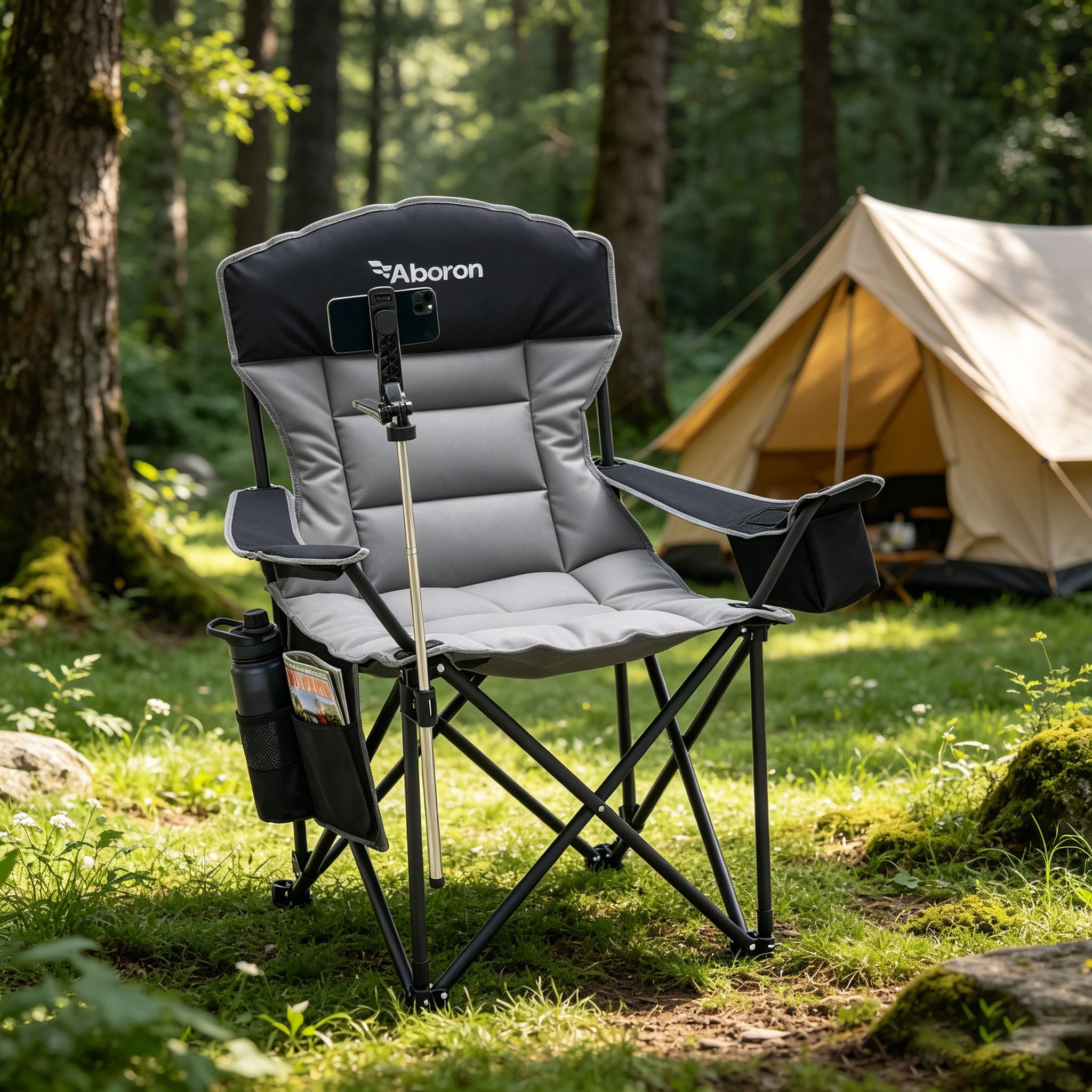 DOCRED  Oversized Folding Camping Chair 360 Degree Phone Holder 600 lbs Heavy Duty Padded Portable Outdoor Lawn Chair with Cooler Pouch and Side Pocket for Camping Beach Sports Black and Grey