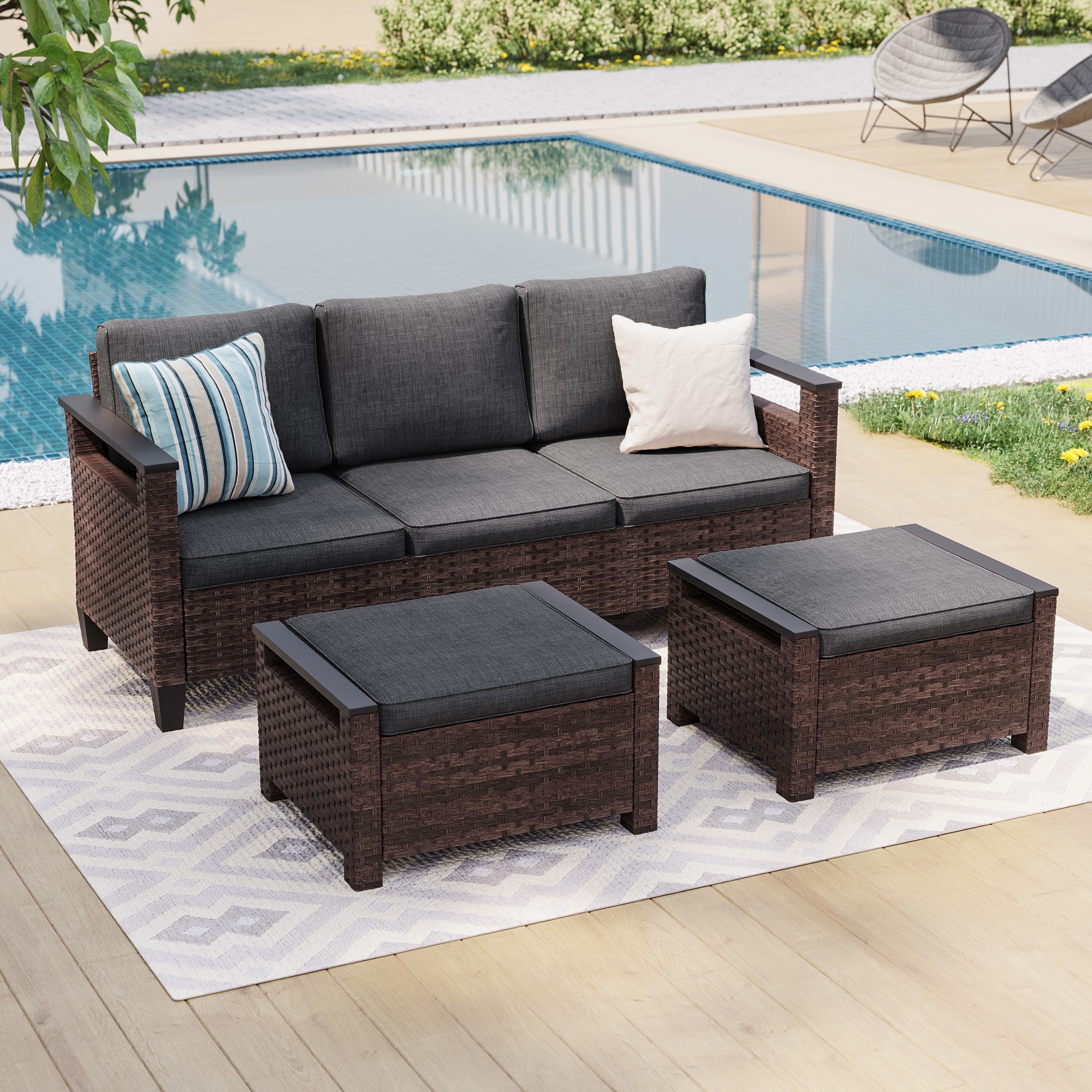 ACEGOSES LW-PS-126S1BBK Skytop 3 -Piece Wicker Patio Sofa Conversation Set with Black Cushions