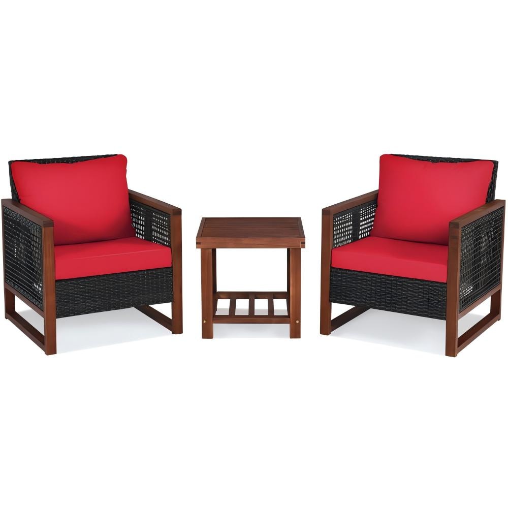 Forclover HYFE-65227RE Patio Conversation Sets 3 -Piece Rattan Patio Conversation Set with Red Cushions