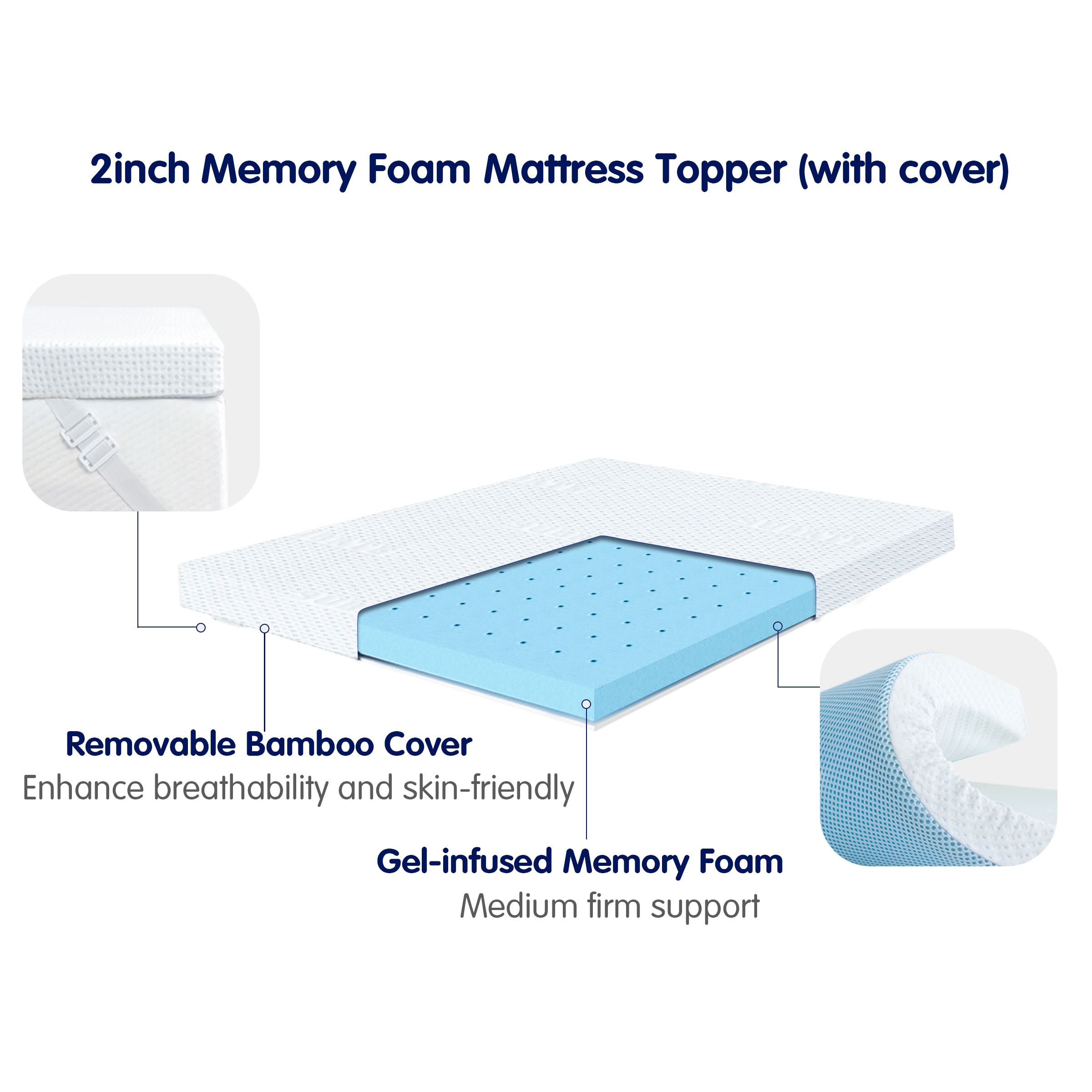 Subrtex 2 Inch Removable Cooling Mattress Topper Cover (Only Cover) with  Adjustable Straps and Zipper (Full, White)