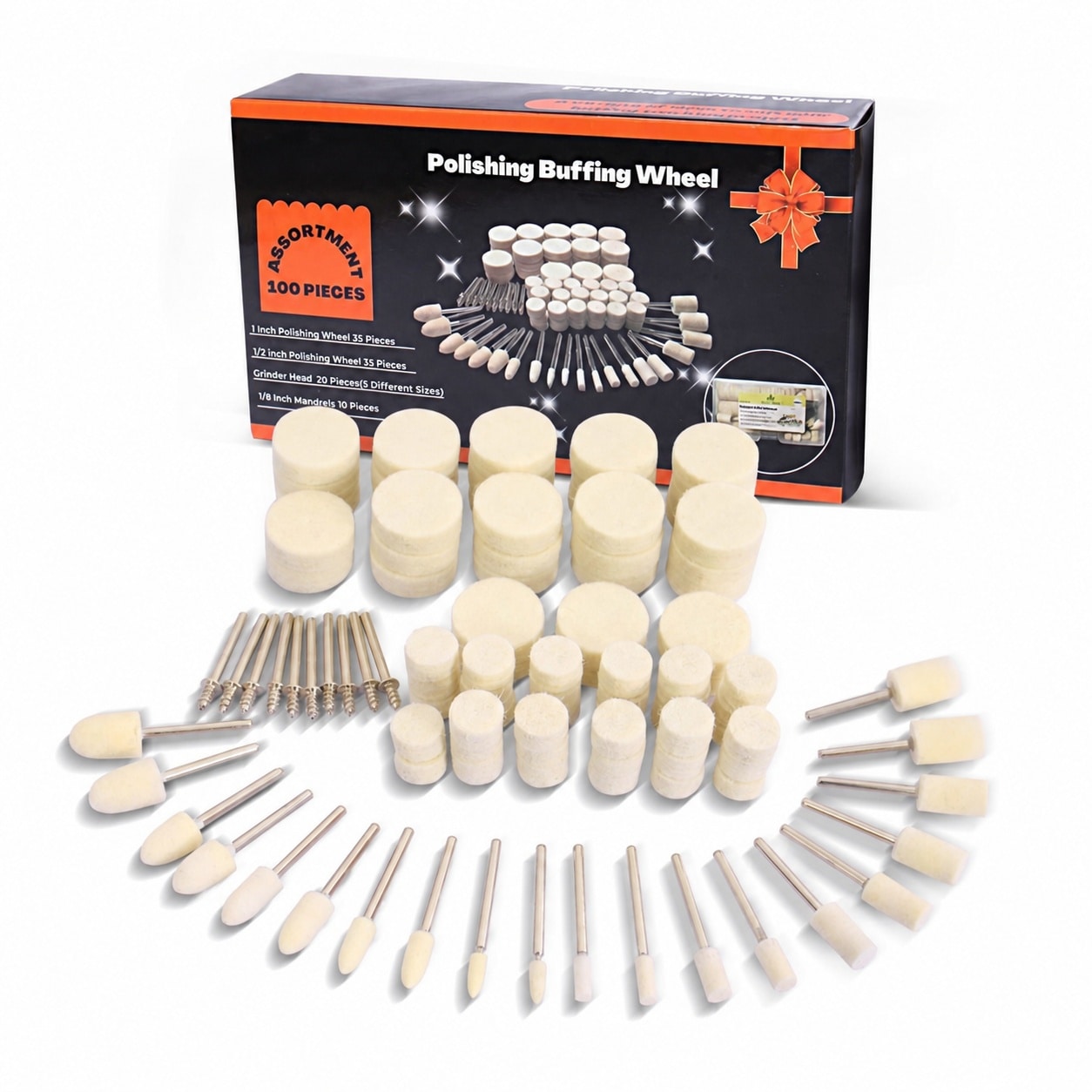 Adrinfly  100 pcs Polishing Buffing Wheel Kit for Rotary Tool Accessories Assorted Shapes and Sizes One Eighth Inch Shank for Metal Jewelry Glass