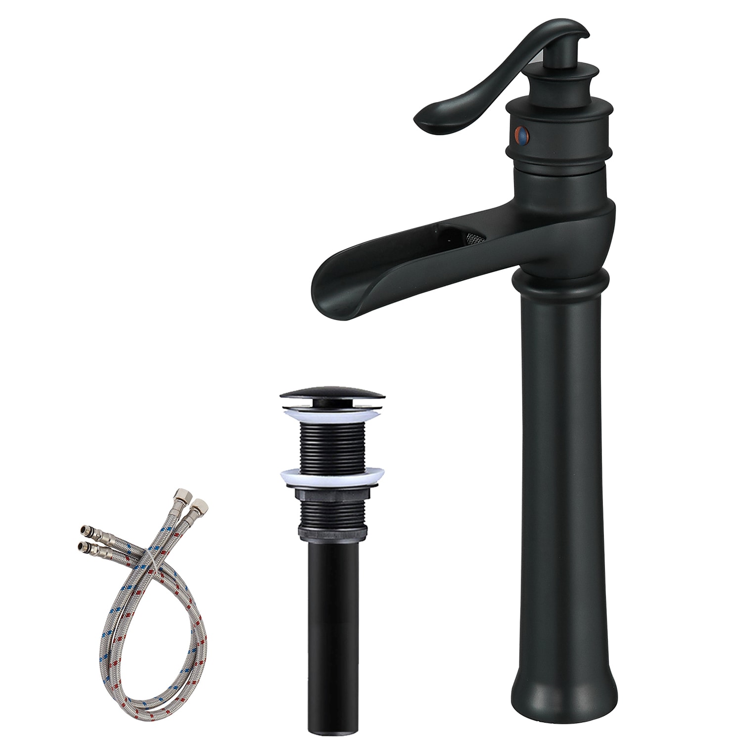 BWE A-96135H-BLACK Matte Black Vessel 1-handle WaterSense Waterfall Commercial/Residential Handle Bathroom Sink Faucet with Drain