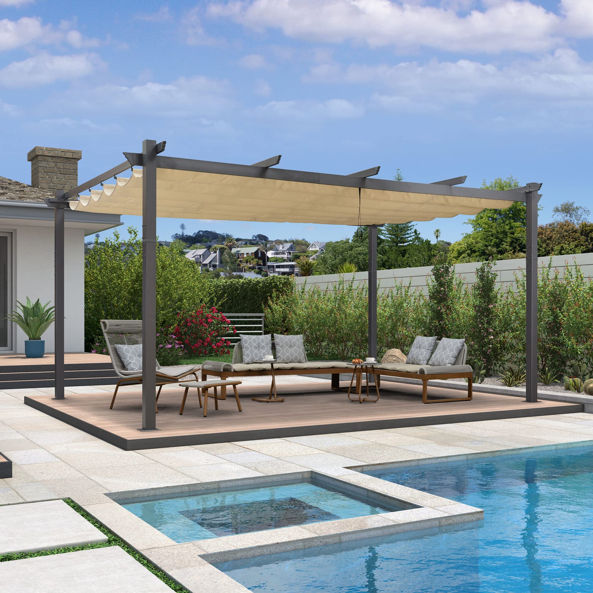 PURPLE LEAF LSMPG1216-KK-1 Outdoor Pergola 12-ft W x 16-ft L x 7-ft 6-in H Beige Metal Freestanding Pergola with Canopy