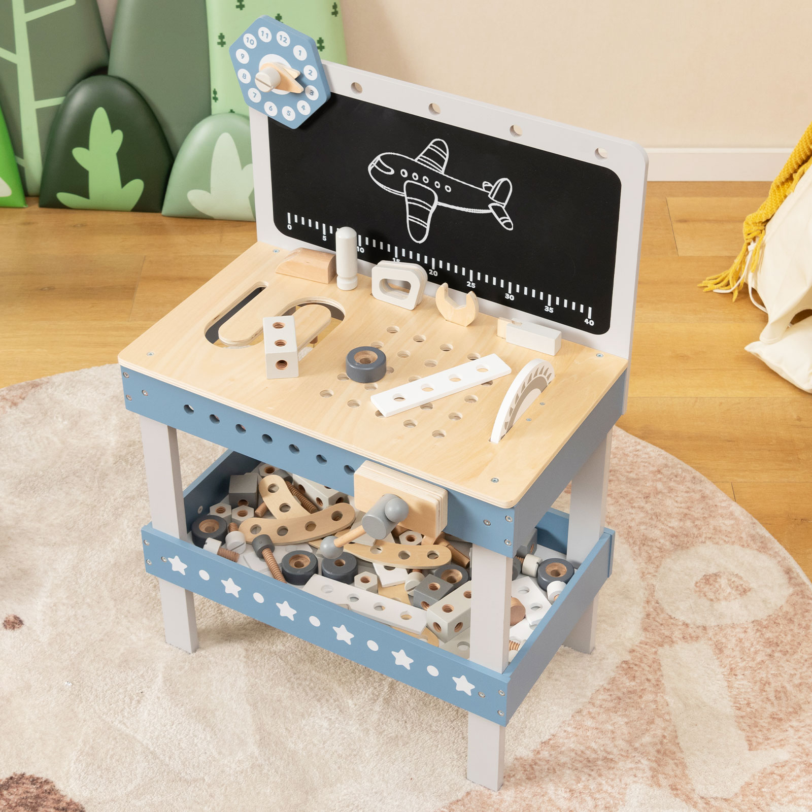 SUGIFT - Kids Wooden Tool Workbench with 61-Piece Tool Set Chalkboard and 18-in Countertop for Ag...