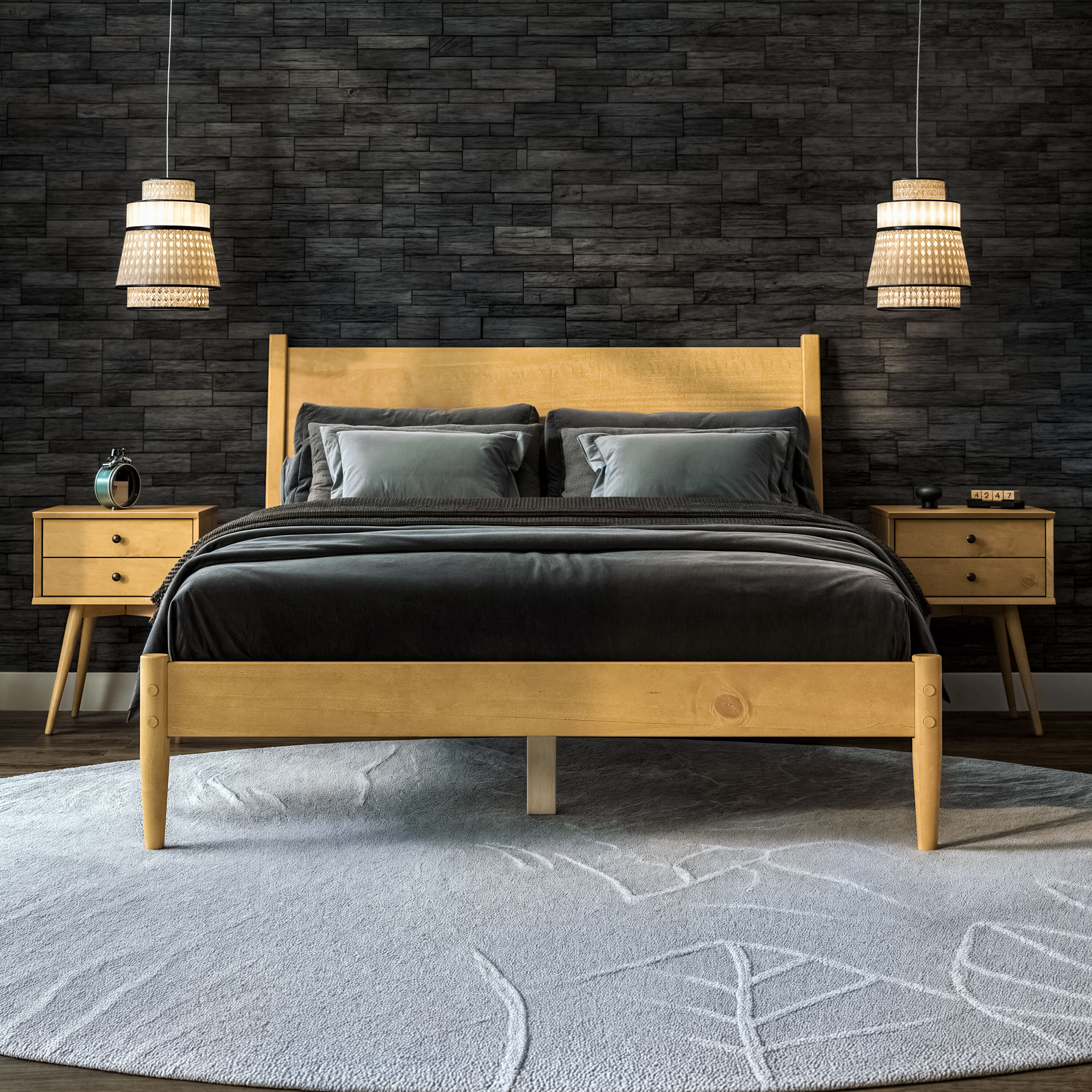 Scandinavian Oak Full Panel Mid-Century Modern Bed with Pine Frame