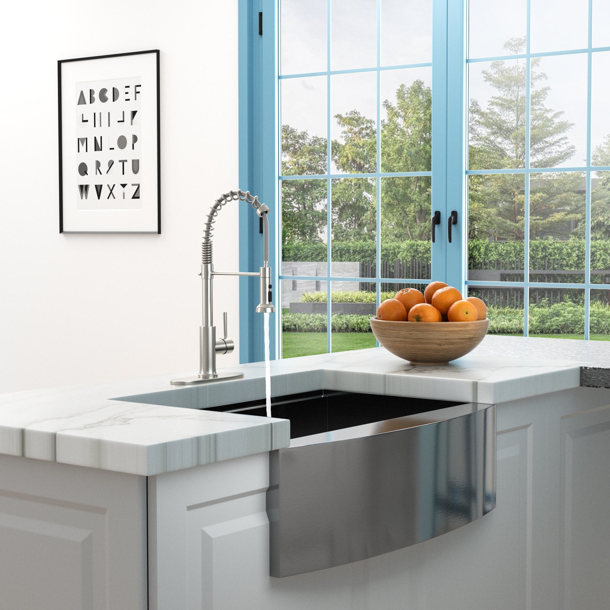 JUSHUA 21-Inch Commercial Kitchen Faucet with Dual Function Pull-Down Sprayhead in Brushed Nickel Finish Stainless Steel