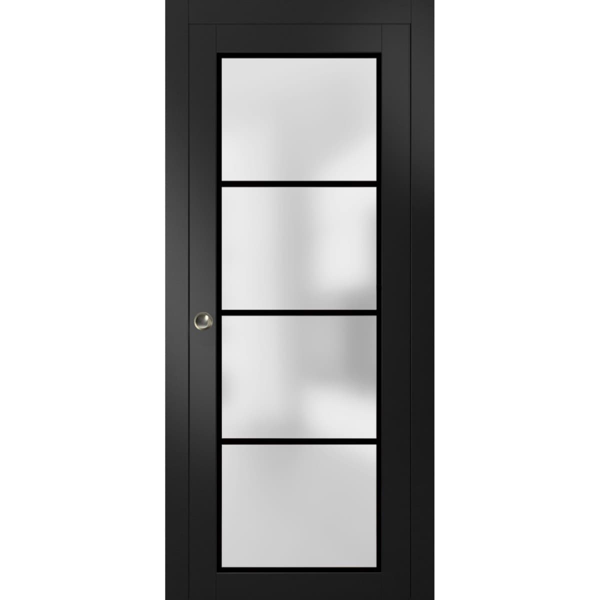 SARTODOORS Sliding French Pocket Door 18 x 80 inches - Planum 2132 Matte Black Frosted Glass - Kit Trims Rail Hardware - Solid Wood Interior Bedroom Sturdy Doors