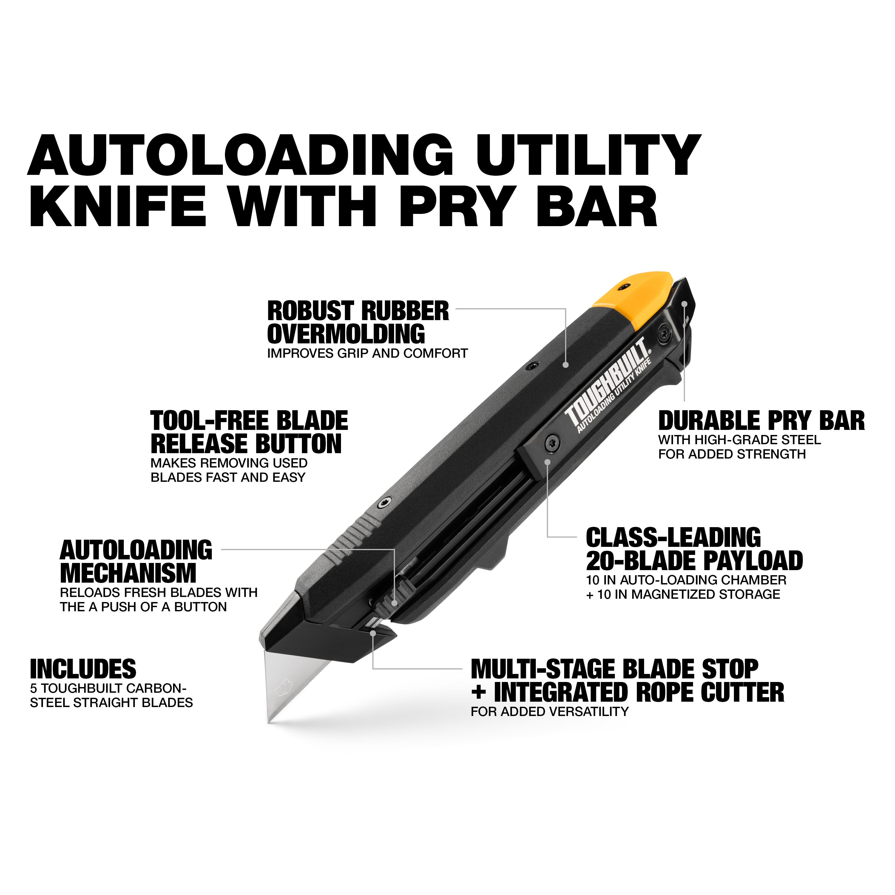 TOUGHBUILT 3/4-in 5-Blade Retractable Utility Knife with On Tool 