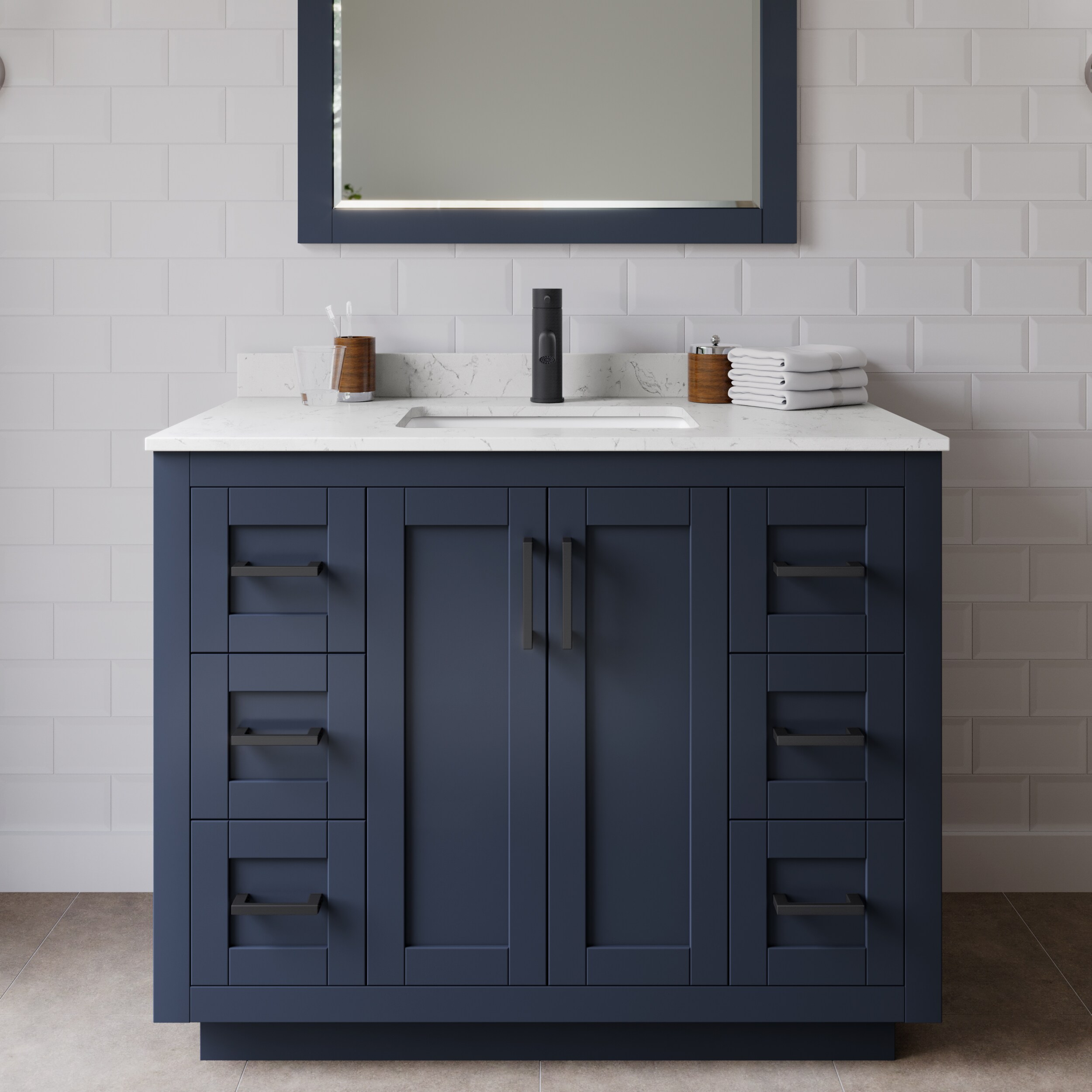 Wyndham Collection WCF292942SBBC2UNSM34 Miranda 42-in Dark Blue with Matte Black Trim Undermount Single sink Bathroom Vanity with Carrara Cultured Marble Cultured marble Top (Mirror Included)