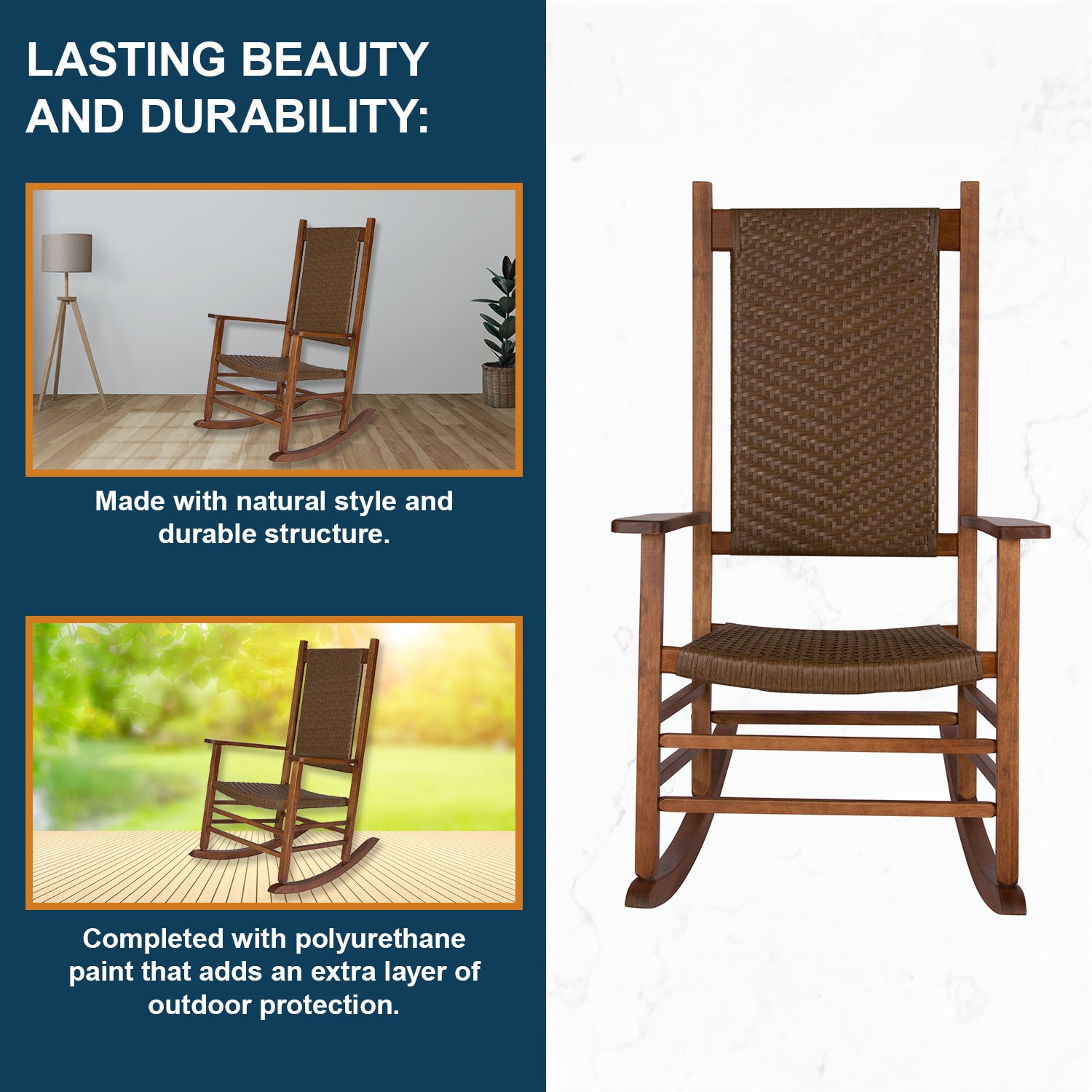 Classic Oak Wood Rocking Chair with Woven Seat in Brown