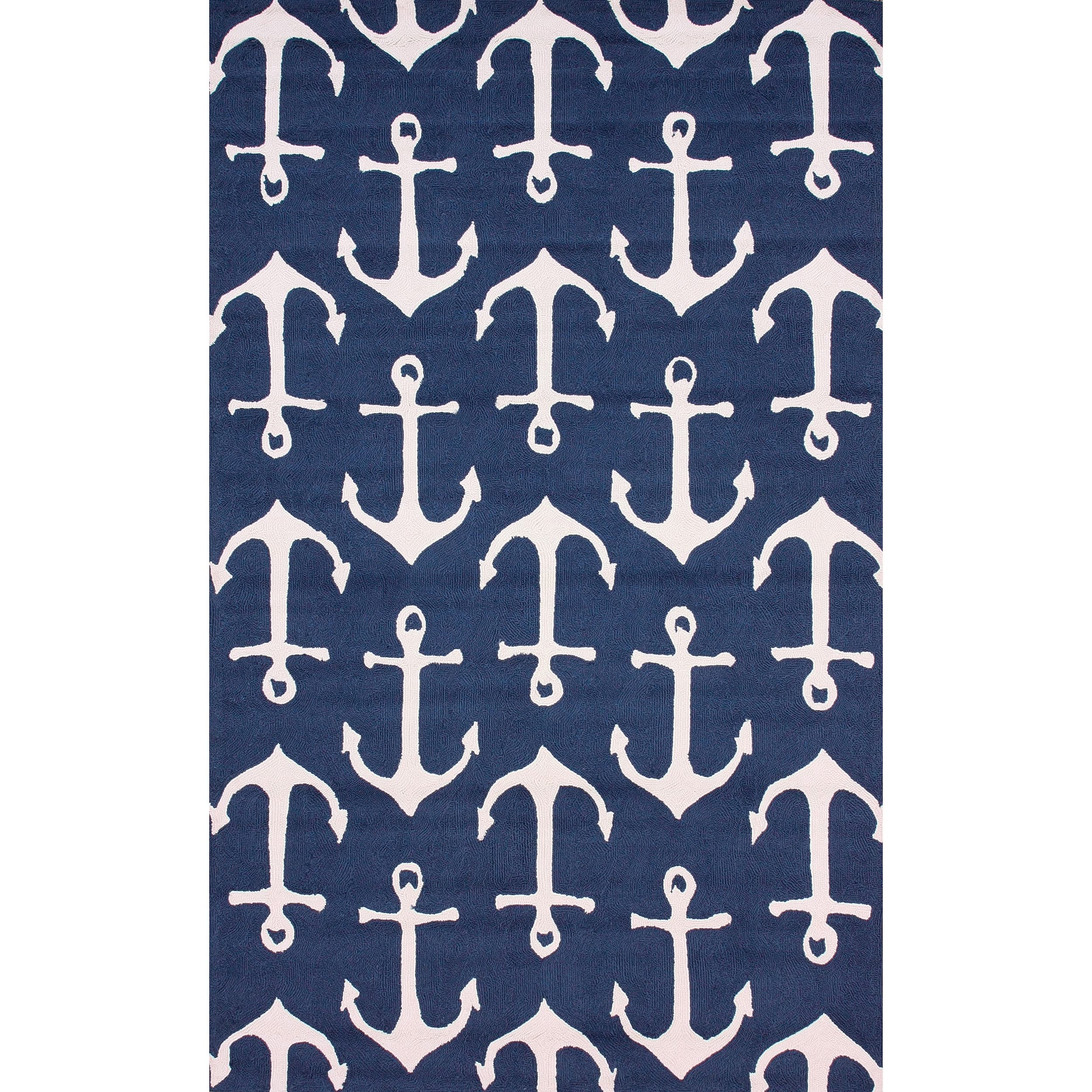 Navy and White Synthetic Coastal 4' x 6' Area Rug