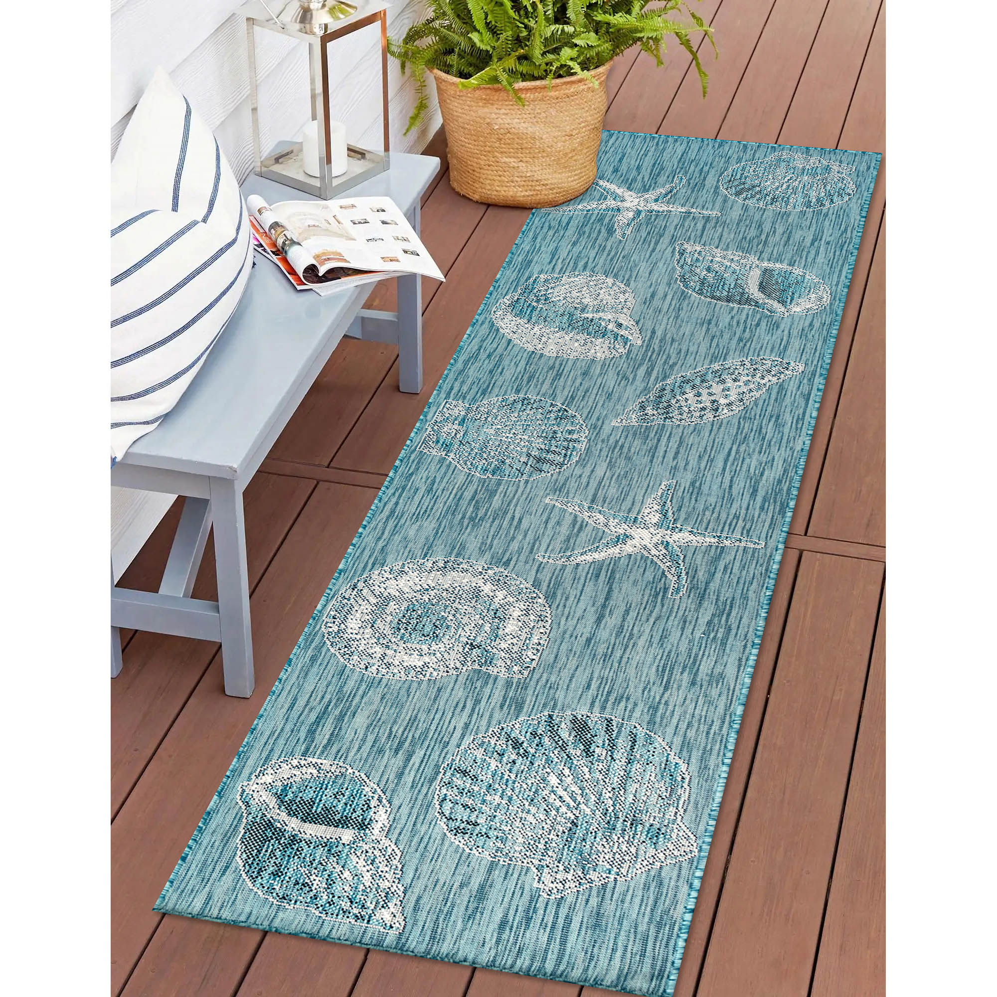 Liora Manne CRER5841404 Carmel 2 x 5 (ft) Loomed Polypropylene Aqua Rectangular Indoor/Outdoor Floral/Botanical Coastal Runner rug