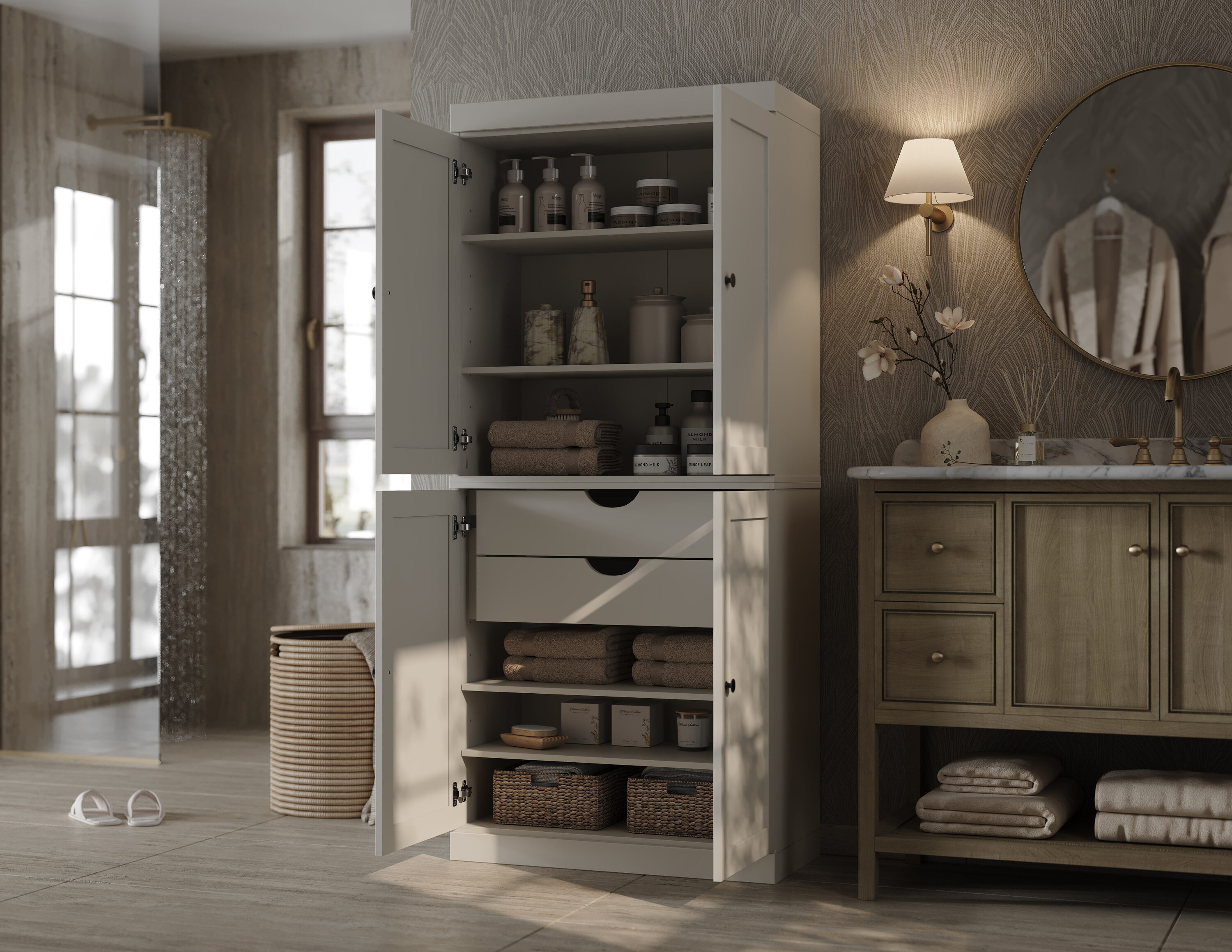 Palace Imports 32-in W Solid Wood Tall Modular Shaker Bathroom Linen Laundry Room Storage Cabinet with 2 Drawers