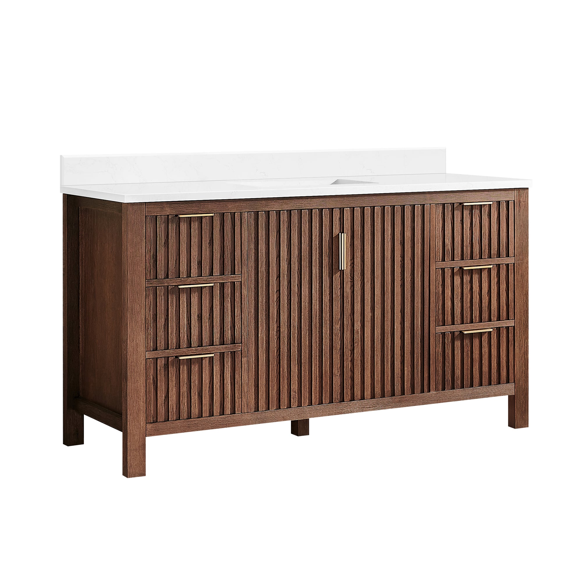 Vinnova 72-in Aged Dark Brown Oak Finish Undermount Single Sink Bathroom Vanity with White Grain Engineered Stone Top (Fully Assembled)