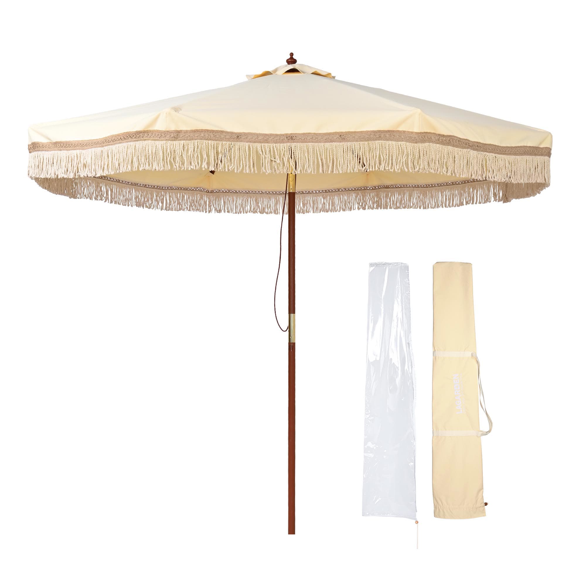 LAGarden 07LAU003-BH9-P2BT-LO BOHO 9 FT Fringe Patio Umbrella with Tassels UPF50+ Boho Style 5-Year-Non-Fading for Outdoor Yard Market Butter Twisted Root