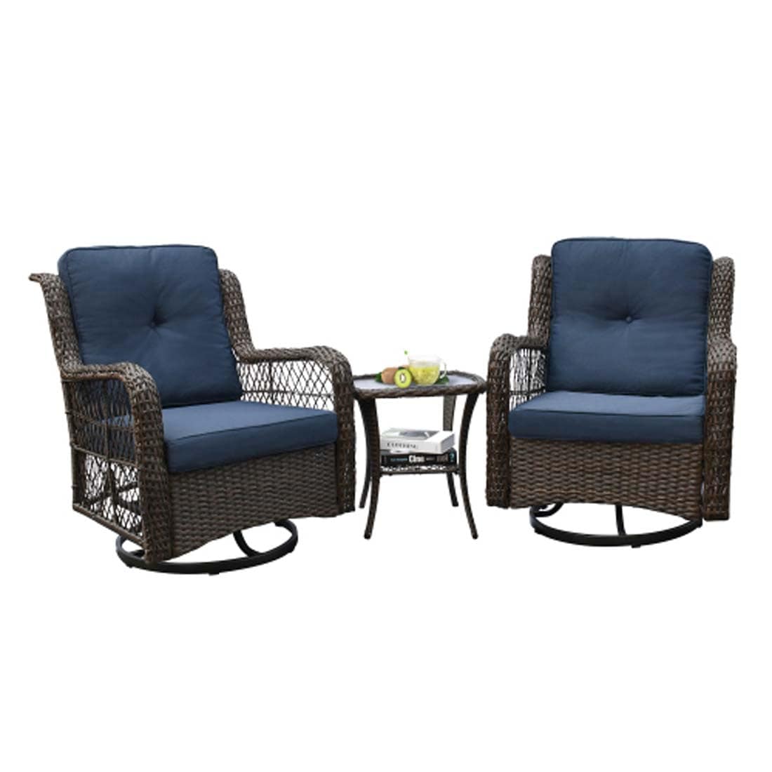 Damerin N7CS11 3 -Piece Wicker Patio Conversation Set with Blue Cushions