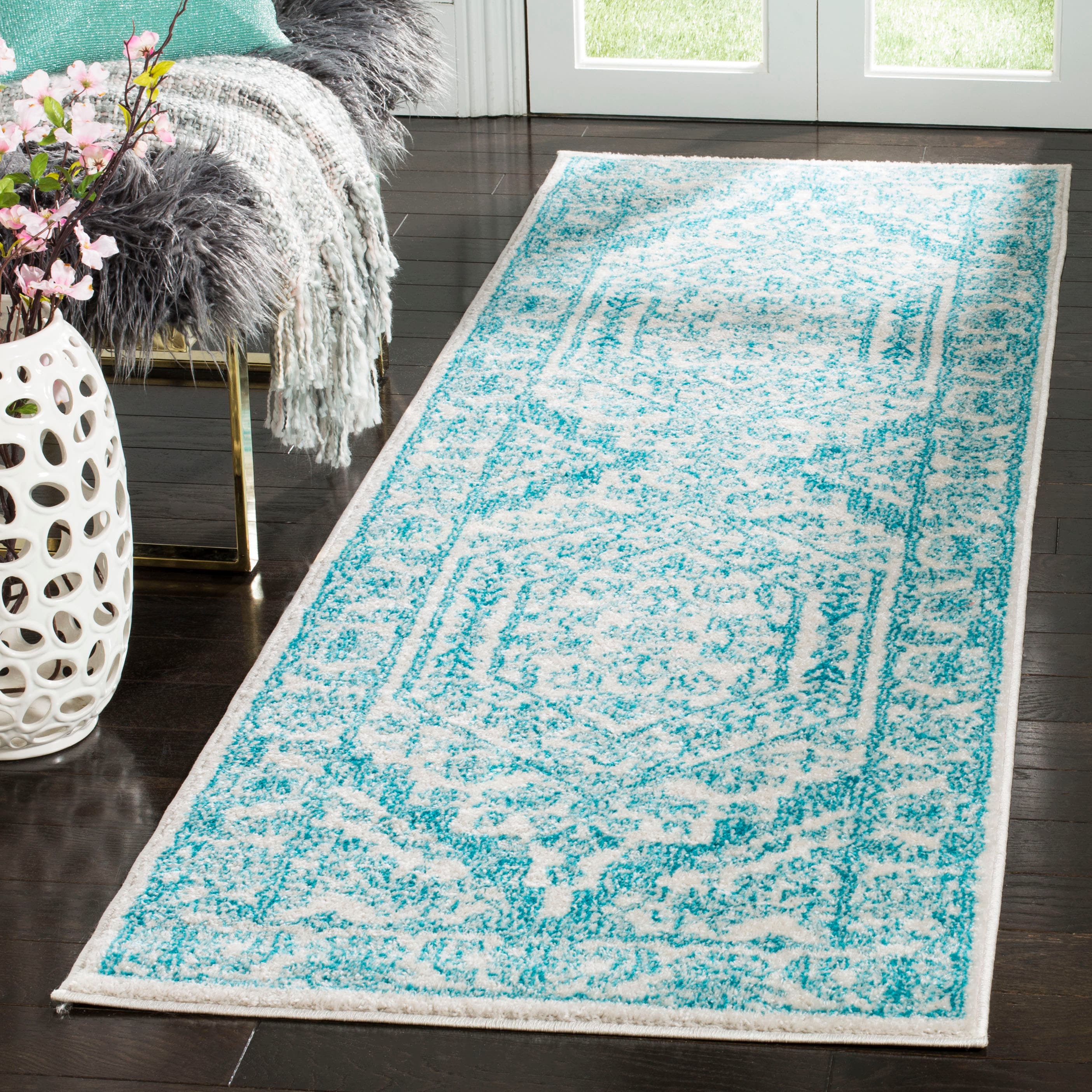 Safavieh ADR108G-28 Adirondack Herati 3 x 8 (ft) Loomed Polypropylene Ivory/Teal Rectangular Indoor Distressed/Overdyed Lodge Runner rug