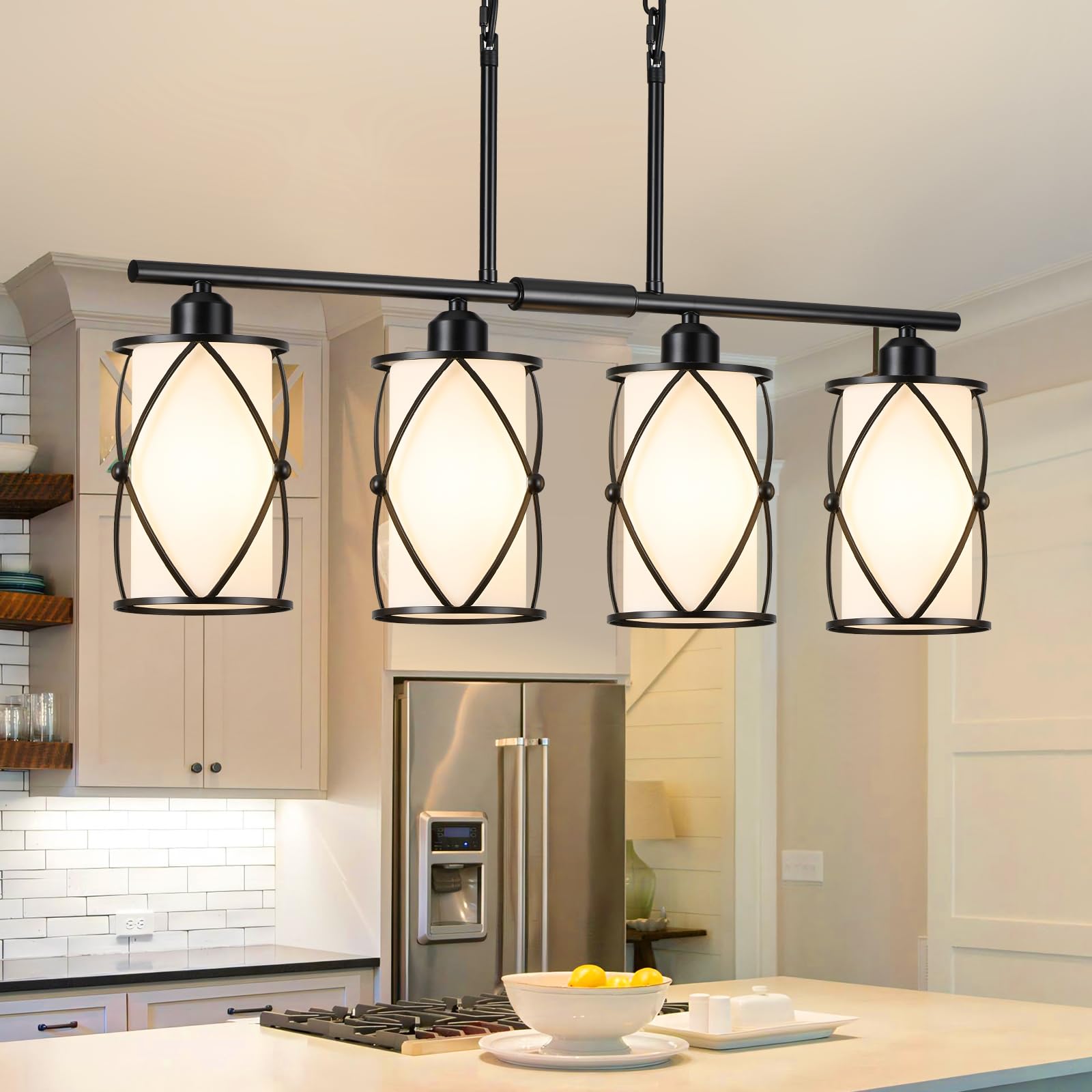 IUEST  4-Light Kitchen Island Lighting Modern Black Linear Dining Room Light Fixtures with Milk Glass Farmhouse Industrial Chandelier Pendant