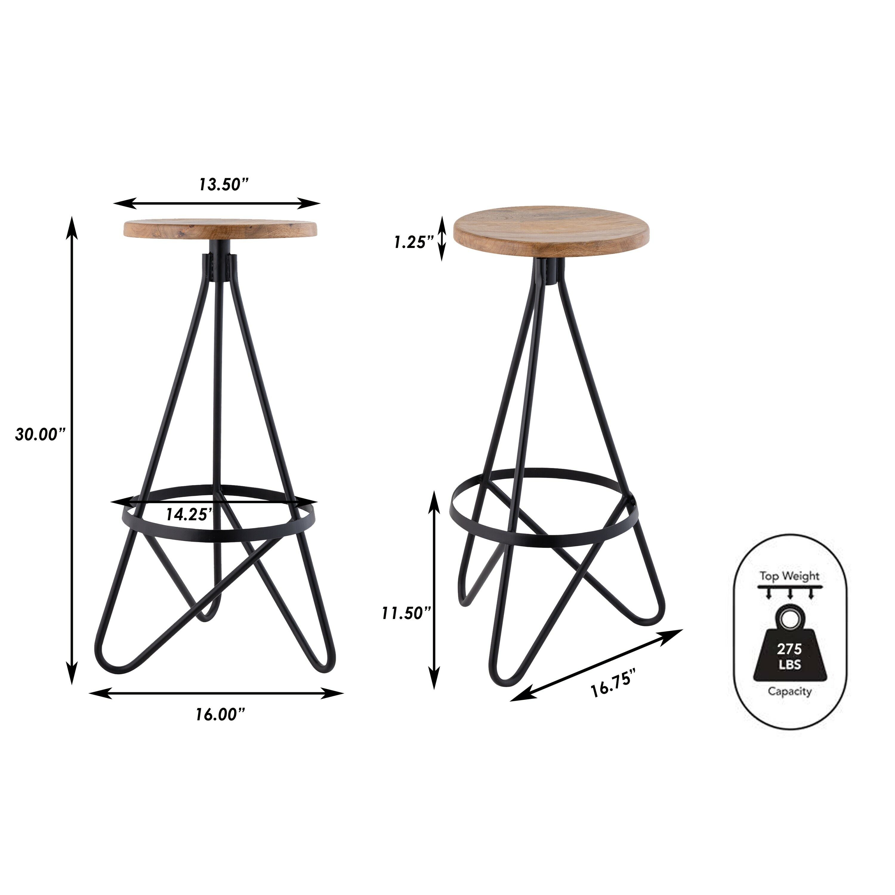 Natural Wood and Black Metal Backless Bar Stool